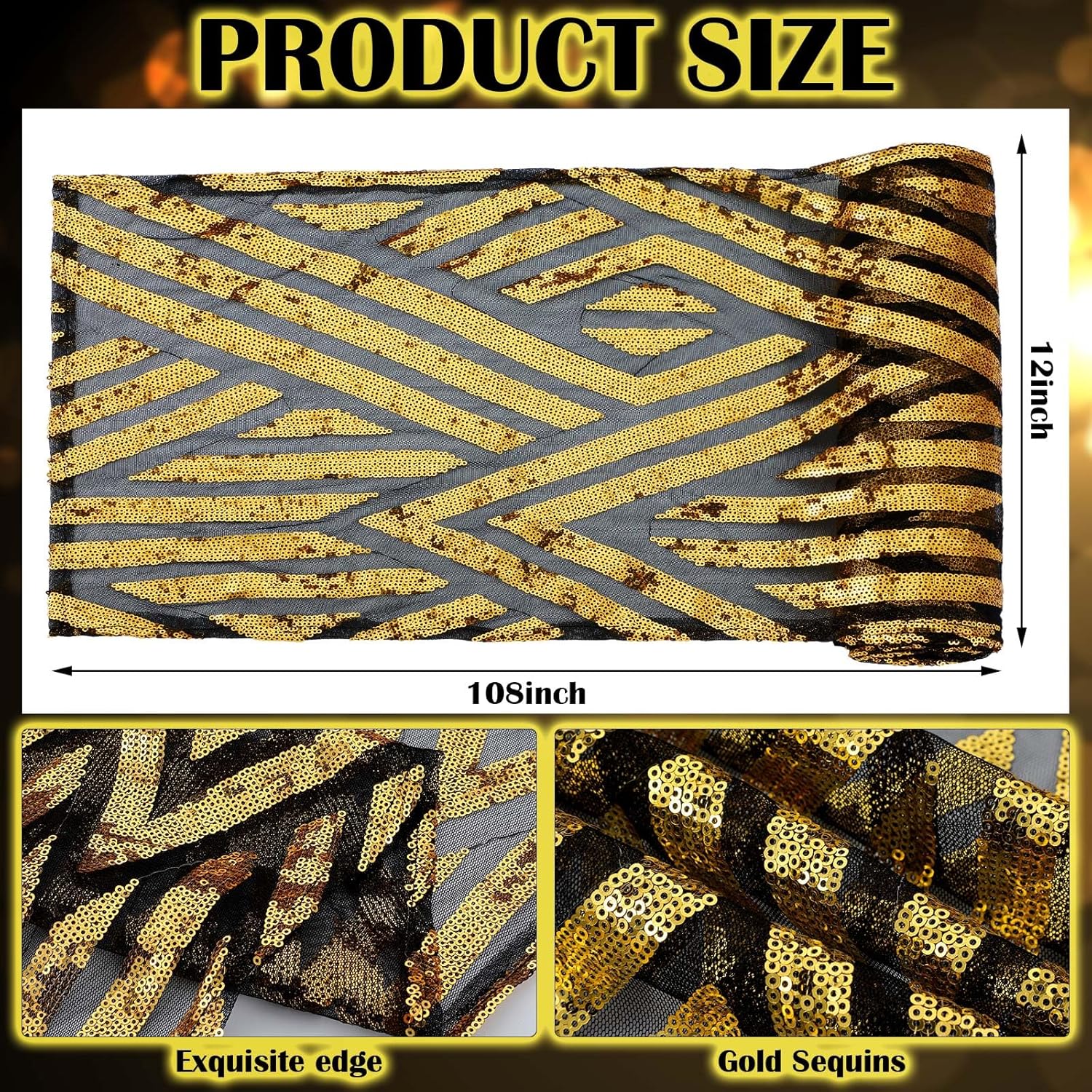 Peryiter 3 Pcs Roaring 1920's Table Runners Decorations 12 x 108 Inch Great 20's Black and Gold Table Runner Sequin Reusable Tablestrip for 1920s Vintage Speakeasy Wedding Party(Minimalist)