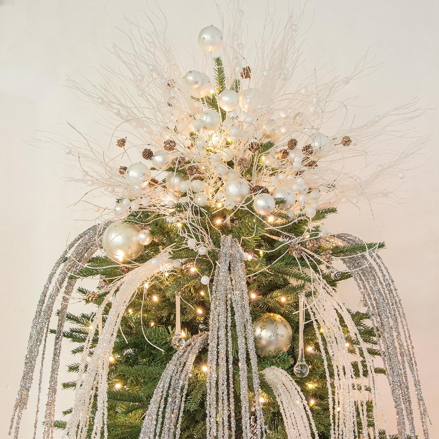 KI Store Silver Dripping Sequin Christmas Tree Picks Spray 6pcs Cascading Christmas Picks for Xmas Tree Garland Decorations