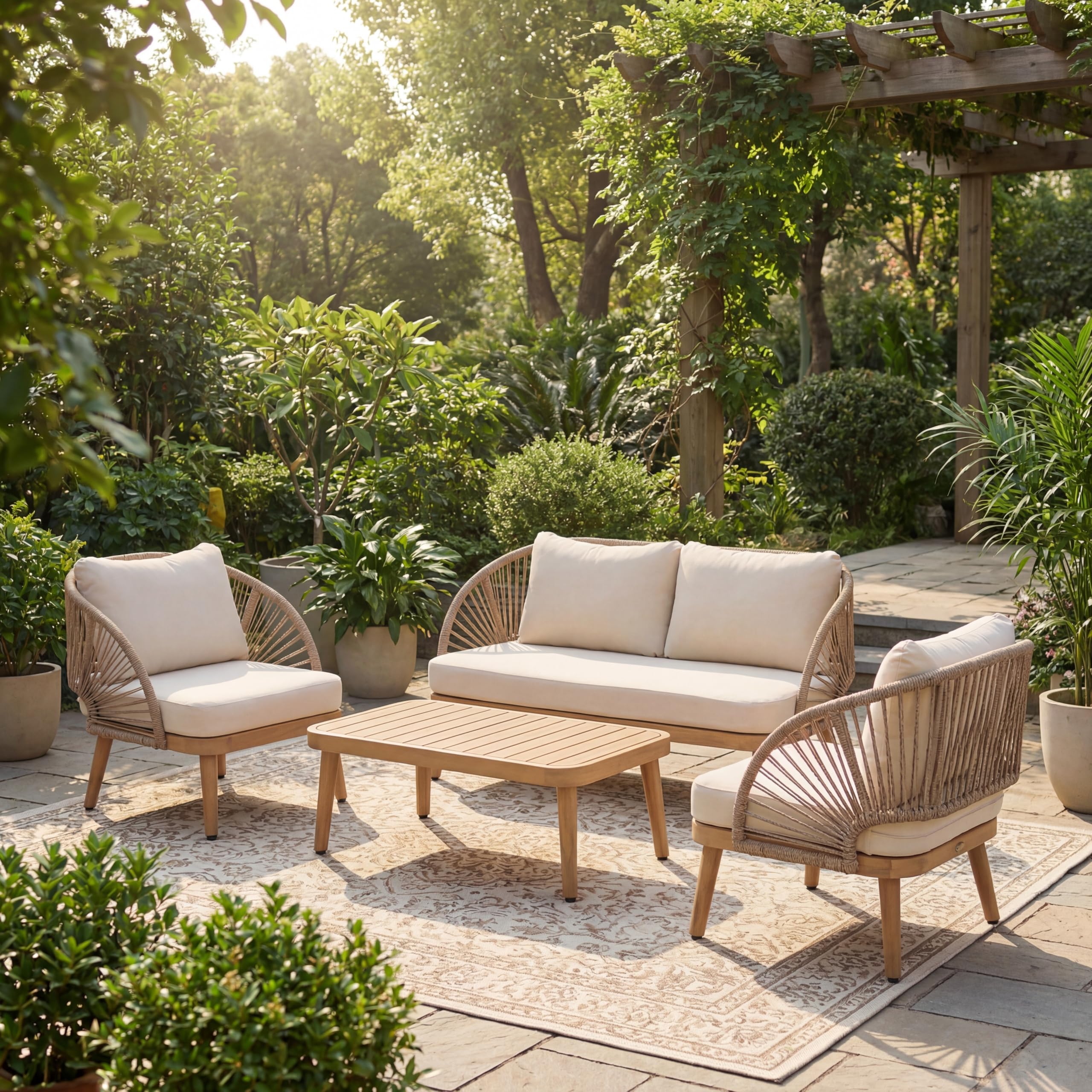 Merax 4-Piece Acacia Wood Patio Conversation Set - Curved Tub Loveseat & Chairs with Woven Rope Accents,Slatted Coffee Table & Weather-Resistant
