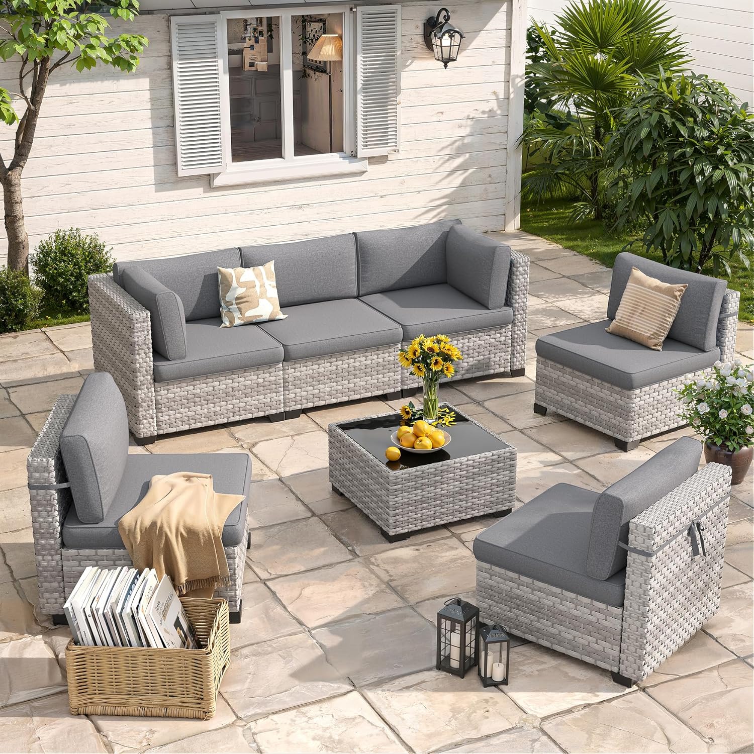 6-Seat Modular Patio Furniture Set – Outdoor Wicker Sectional Sofa with Thick 4″ Cushions, Dual-Strand PE Rattan, Rust-Resistant 18 mm Steel Frame, Backyard Garden Deck Lounge,Gray