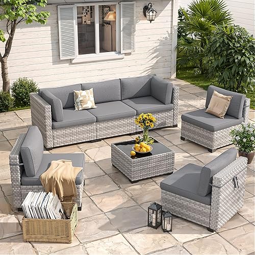 6-Seat Modular Patio Furniture Set – Outdoor Wicker Sectional Sofa with Thick 4″ Cushions, Dual-Strand PE Rattan, Rust-Resistant 18 mm Steel Frame, Backyard Garden Deck Lounge,Gray