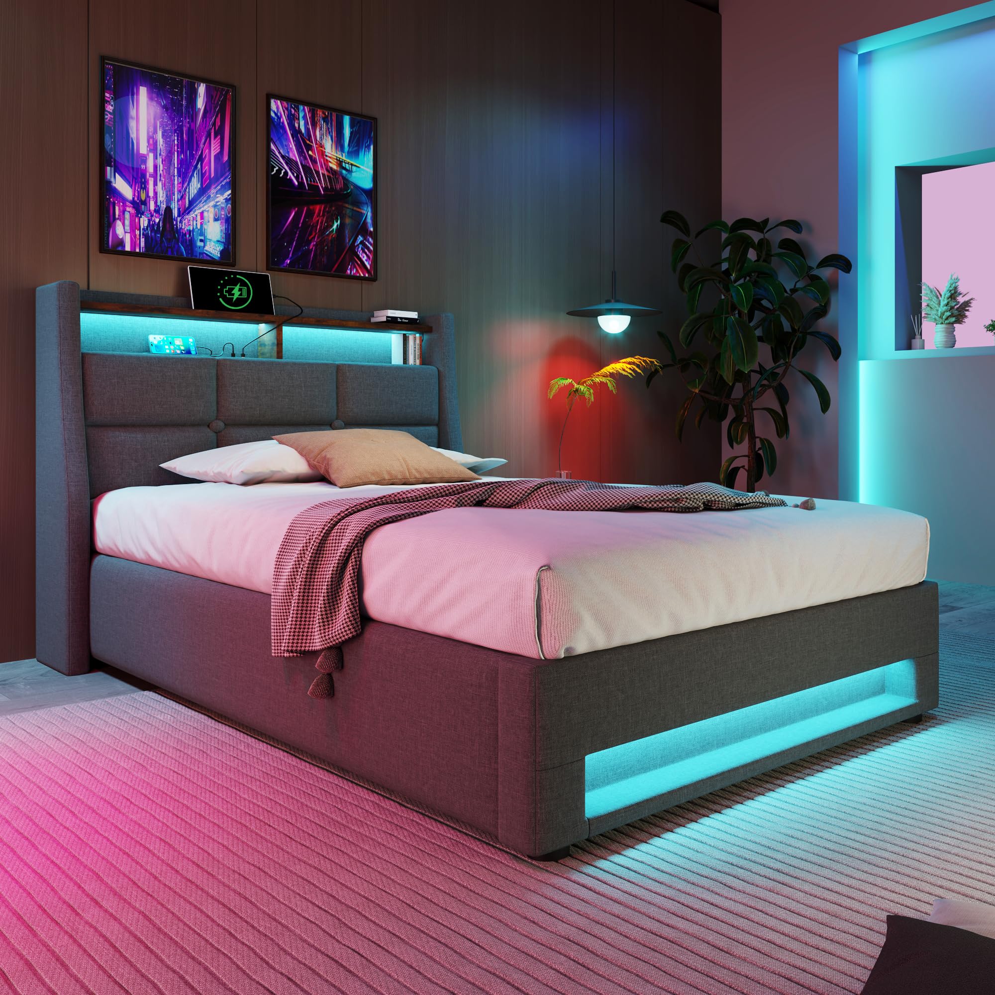 Letto Imbottito Singolo Letto 90x200 cm con Illuminazione a LED e Porta USB, Letto per Bambini con Idraulico Contenitore, Struttura Letti Singoli per Ragazzi, Grigio, Lino, Senza Materasso
