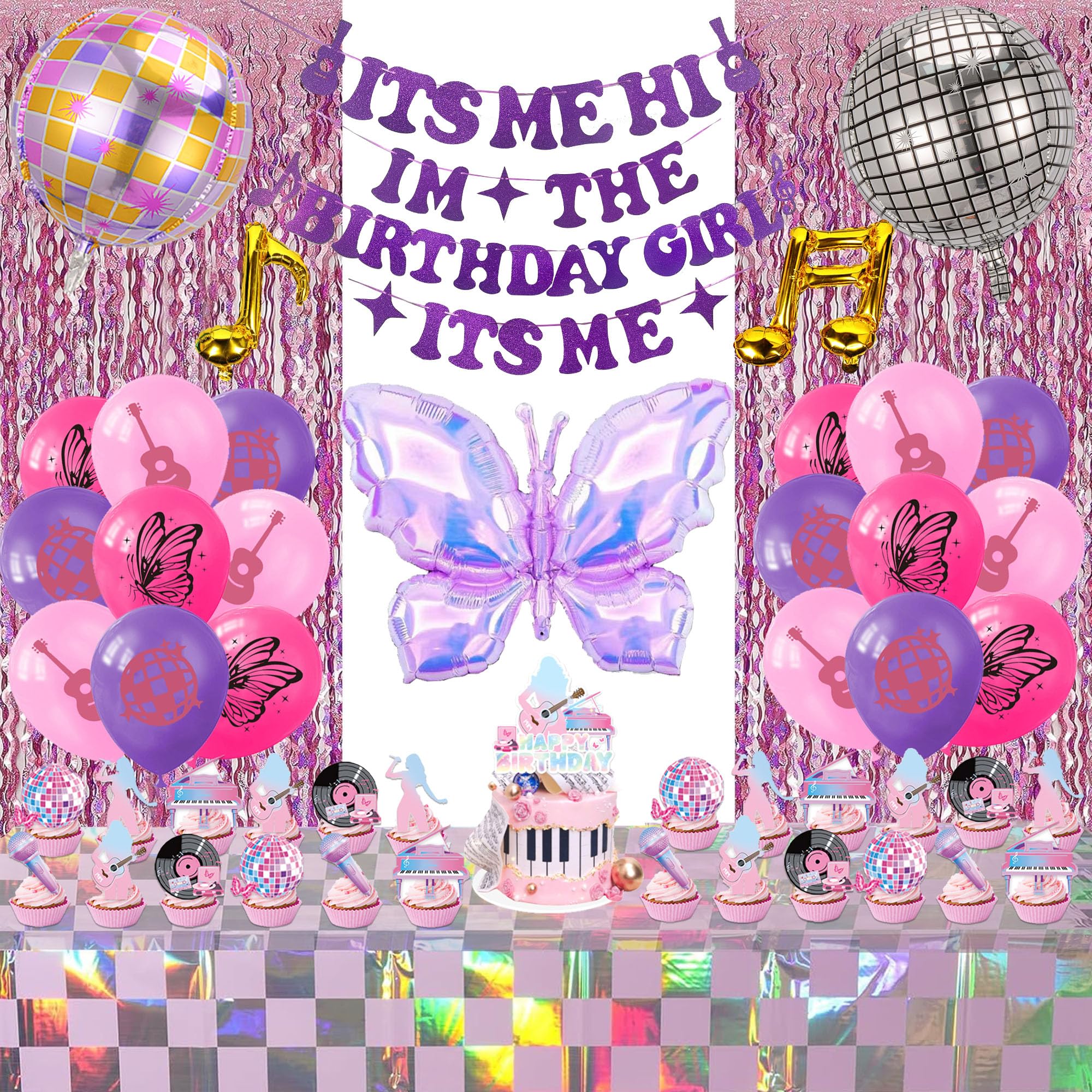 Pink Popular Singer Birthday Decorations, Its Me Hi Im The Birthday Girl Its Me Party Banner, Tableclothes, Fringe Curtain, Cake Topper, Disco