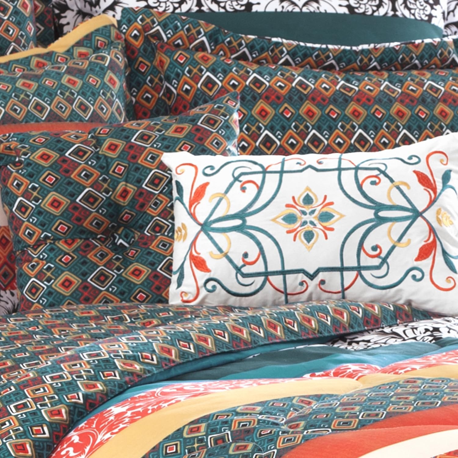 Lush Decor Boho Striped Comforter Bedding Colorful Pattern Bohemian Style Reversible 7 Piece Set, Full/Queen, Turquoise & Tangerine