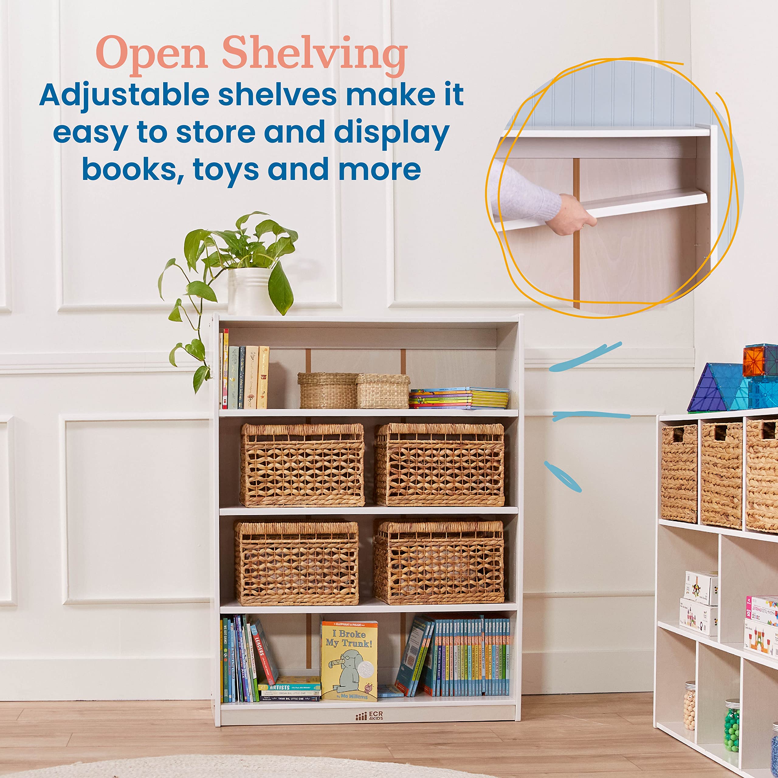 ECR4Kids Classic Bookcase, 48in, Adjustable Shelves, White Wash
