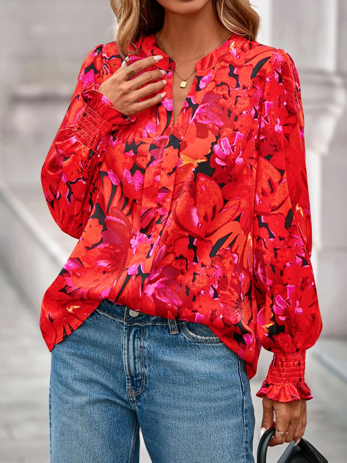 MASCOMODA Womens Boho Floral Long Sleeve Tops Fall Fashion 2025 V Neck Loose Chiffon Work Blouses Dressy Casual Ruffle Shirts - Image 4