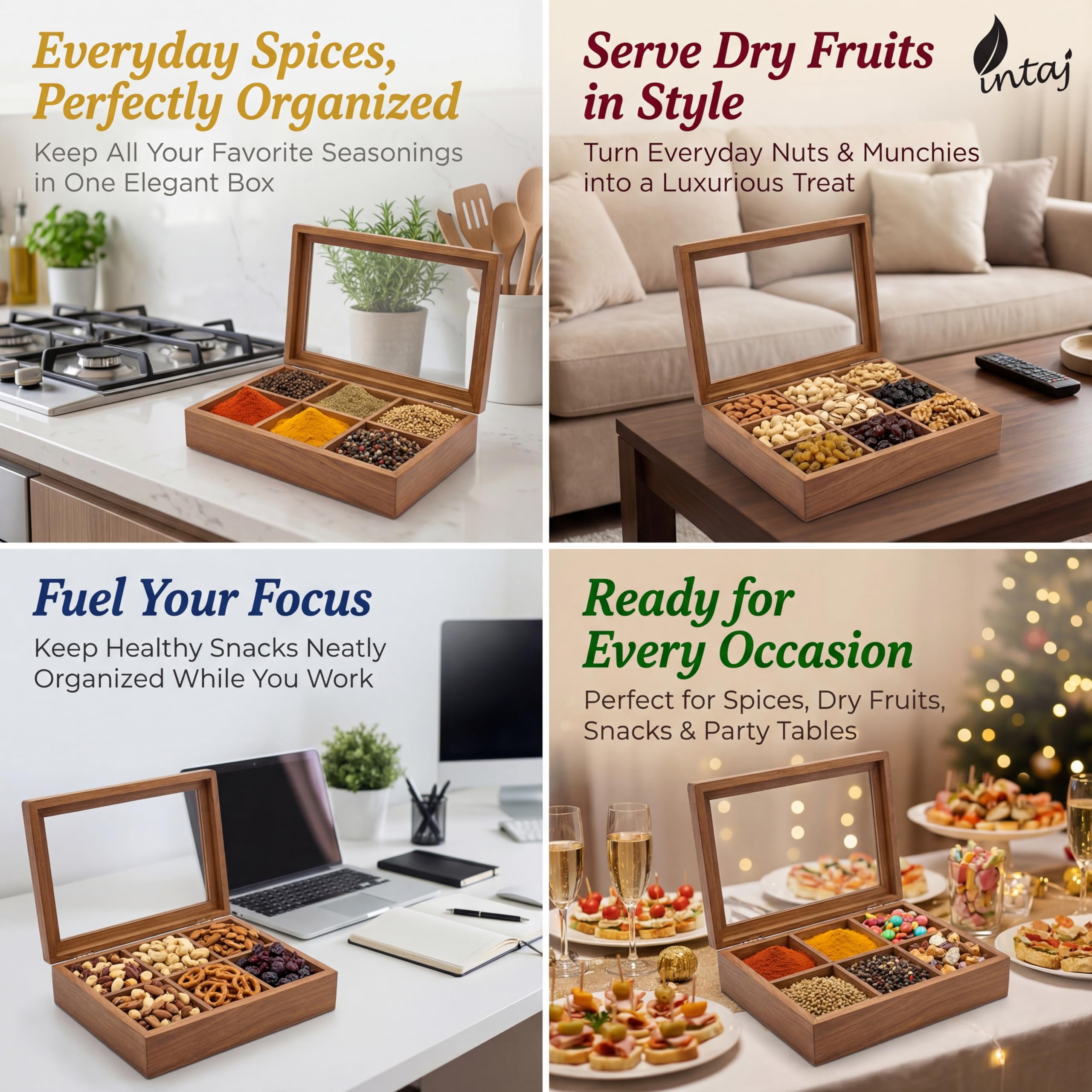 Scatola portaspezie in legno quadrata Masala Dabba 9 scomparti per condimenti erbe aromatiche armadio dispensa cassetto scaffale portaoggetti ripiano ripiano regalo per cucina casa cuochi set