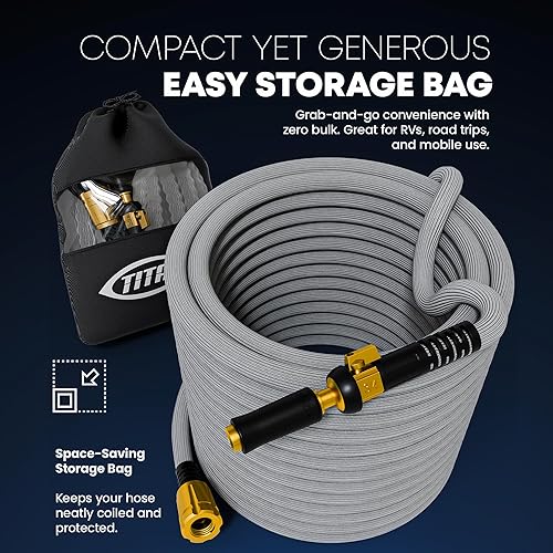 Miniatura 6 de TITAN Manguera de jardín flexible de 65 pies  Manguera de agua ultraligera y resistente con accesorios de latón y boquilla de chorro  Sin