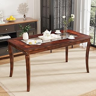 59" Dining Table with 8mm Tempered Glass Top, Farmhouse Kitchen Dinner Table with Carved