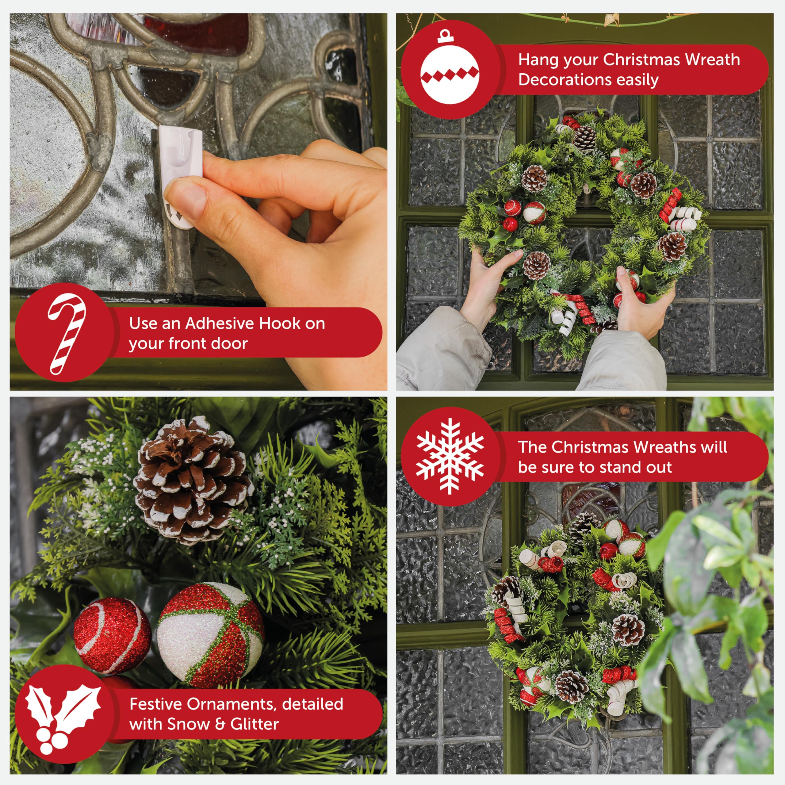 Couronne de Noël – Couronne verte artificielle de 30,5 cm et 45,7 cm avec fleurs de poinsettia, pommes de pin et baies – Décoration festive pour porte d'entrée et maison pour intérieur/extérieur