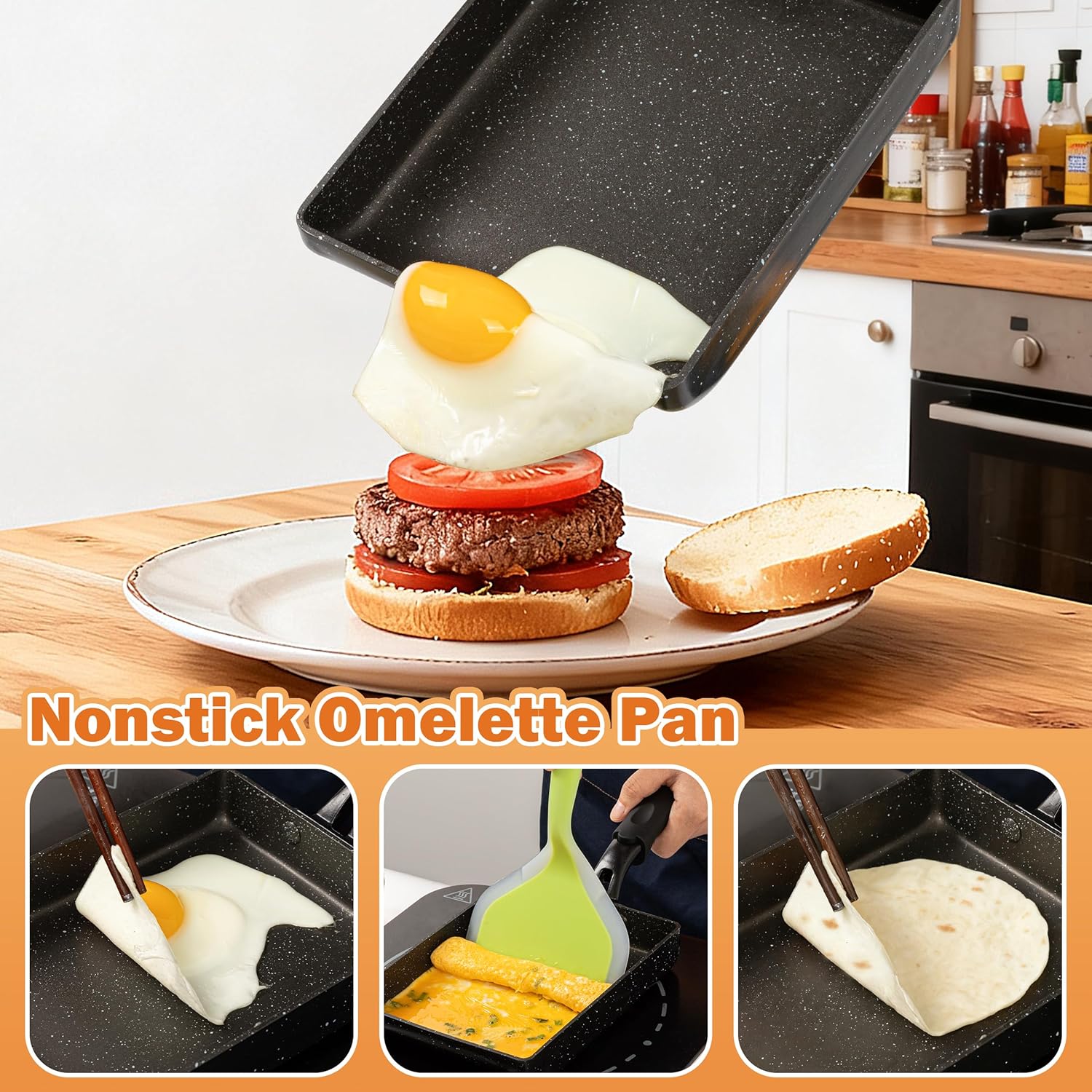 MyLifeUNIT Tamagoyaki Pan with Lid, Japanese Omelette Pan for Gas Stove & Electric Stove, Nonstick Square Egg Pan Skillet 7.3" x 5.3"