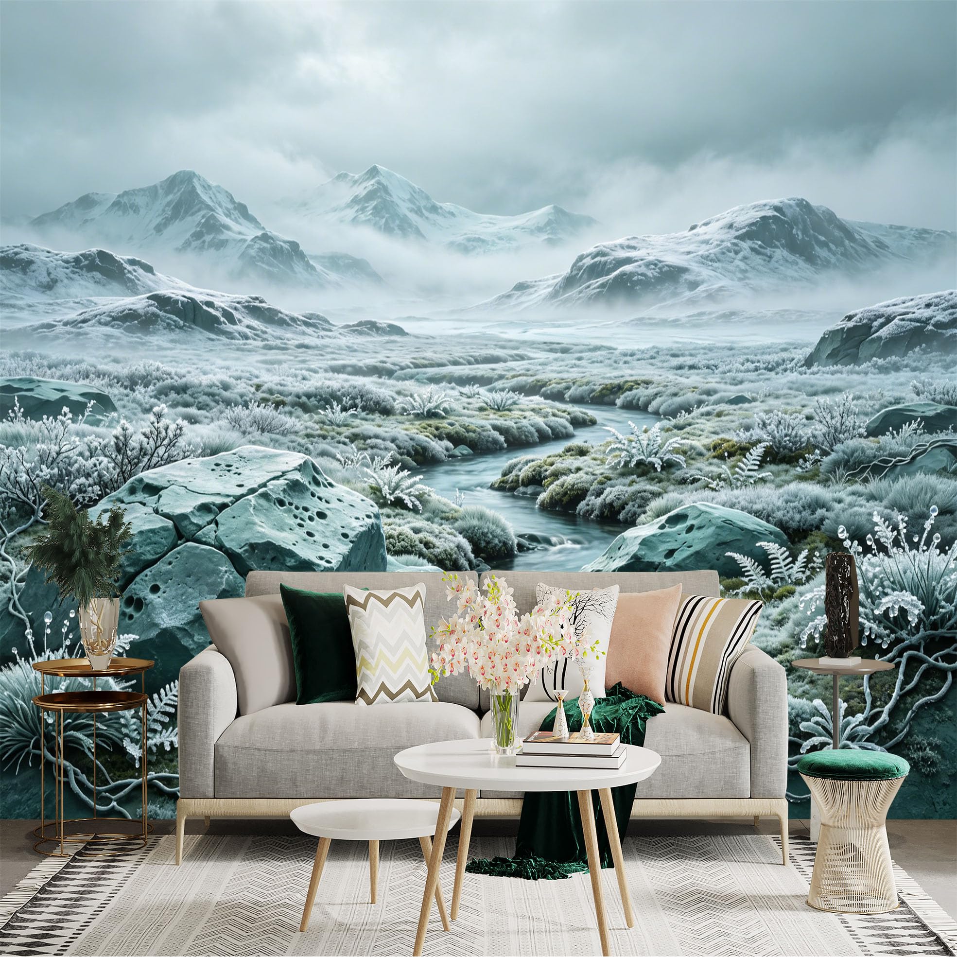 Custom Size Wall Sticker Mural， Frosty Mountain Valley with River and Winter Landscape， for wall Decoration， peelandstick wall Decals.