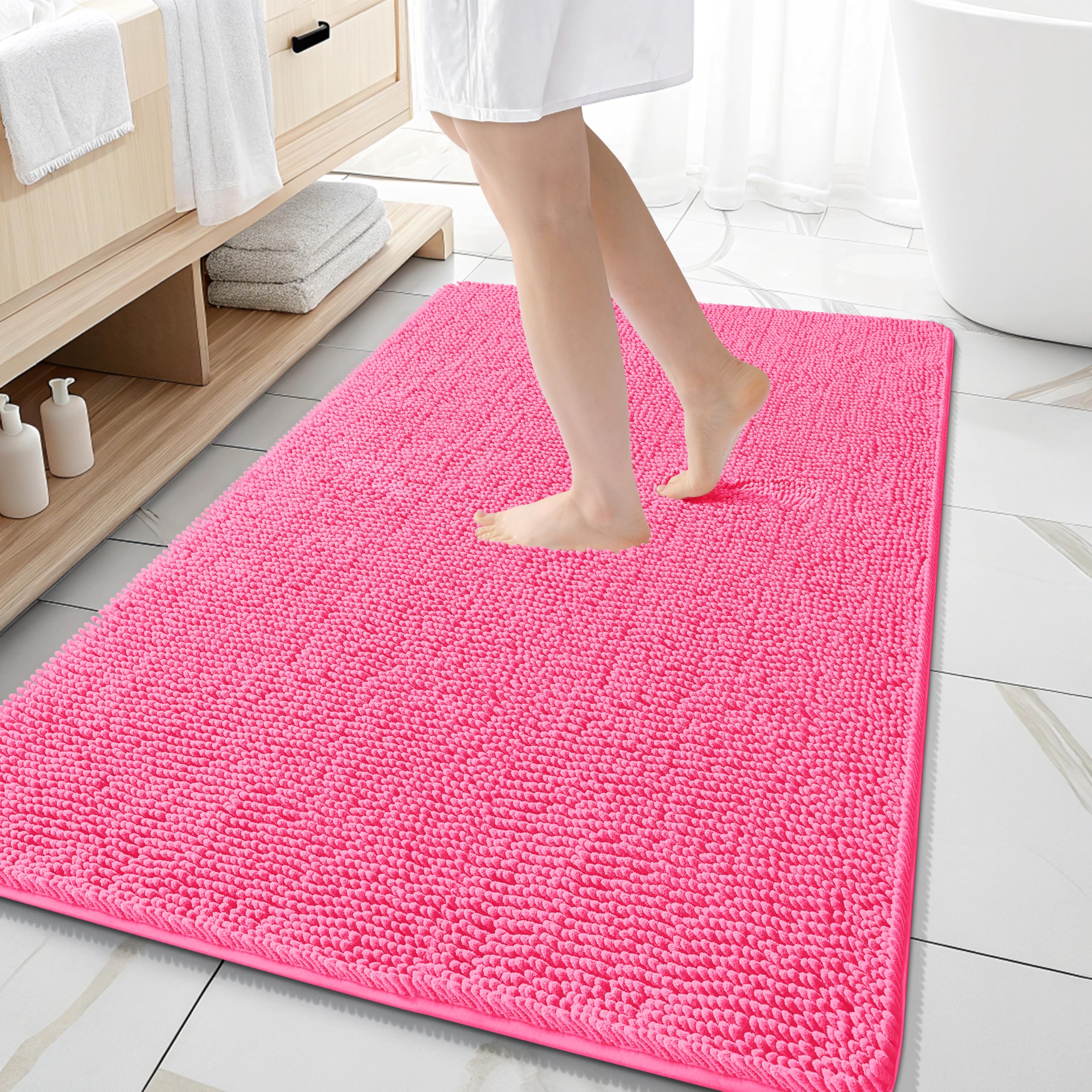 OLANLY Large Bathroom Rugs 59x35, Extra Soft Absorbent Chenille Bath Rugs | Hot Pink, Quick-Drying Rubber Backing, Machine Washable Bath Mat for Bathroom Floor, Tub and Shower, Home Decor Accessories