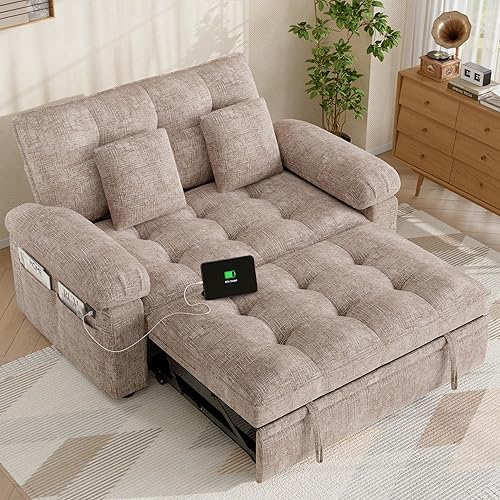 Keyluv 59” Loveseat Sleeper Sofa with USB Ports & Side Pockets, 3 in 1 Convertible Sofa Bed for Living Room/RVs/Camper, Pull Out Couch with Adjustable Backrest, Chenille Khaki