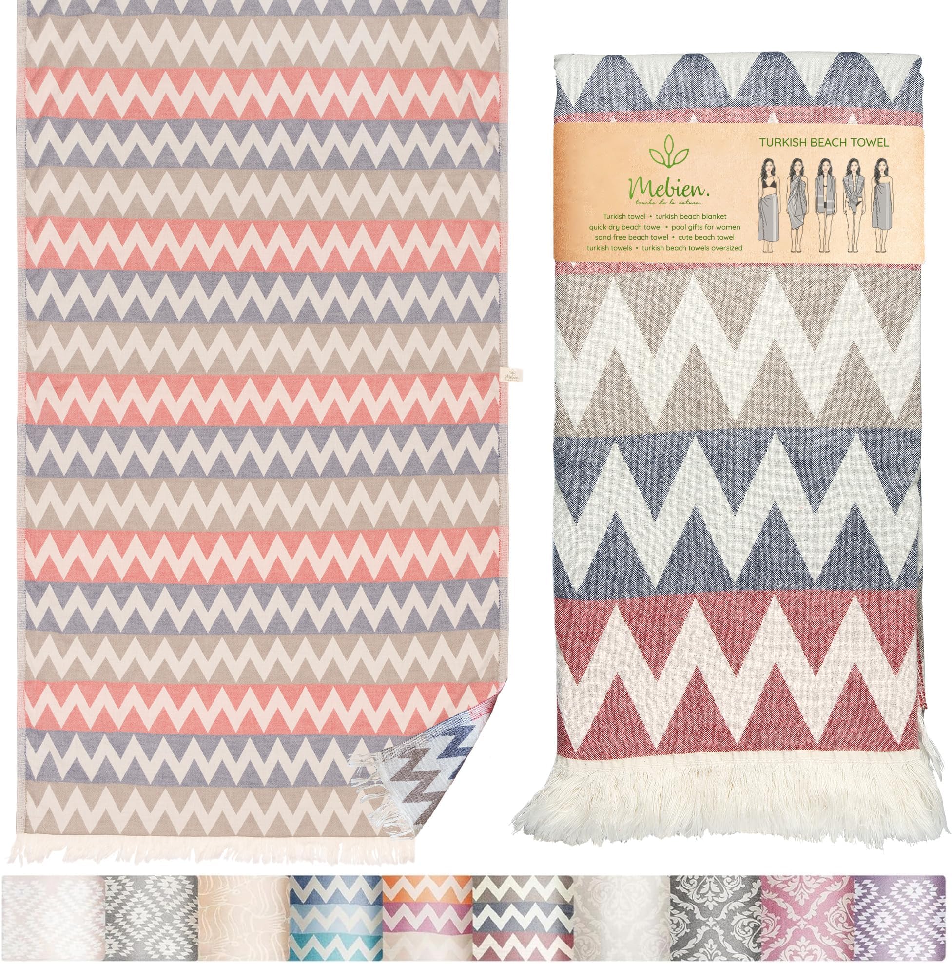 Turkish Beach Towel 35”x67” – 100% Cotton, Quick Dry, Lightweight Oversized Beach Towel for Pool & Travel – Zig Zag Navy Red Color