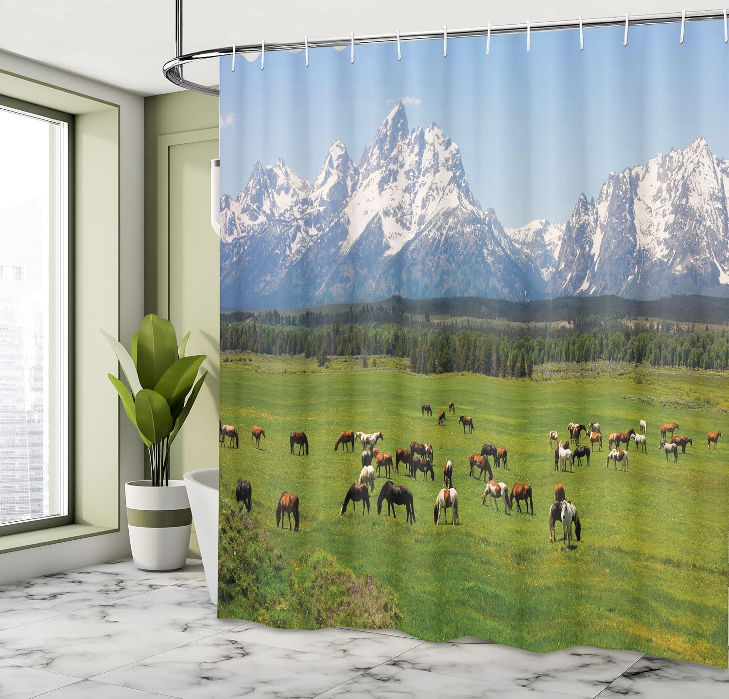 Ambesonne Horse Shower Curtain, Grand Teton National Park Snowy Mountains Fresh Greenery Trees Animals, Cloth Fabric Bathroom Decor Set with Hooks, 69" W x 84" L, Green and Pale Blue