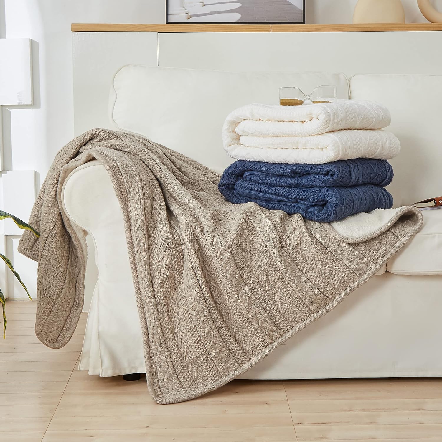 Longhui bedding Acrylic White Cable Knit Sherpa Throw Blanket – Thick, Soft, Big, Cozy Ivory White Knitted Fleece Blankets for Couch, Sofa, Bed – Large 60 x 80 Inches Ivory White Coverlet, 5.2 Pounds - Image 9