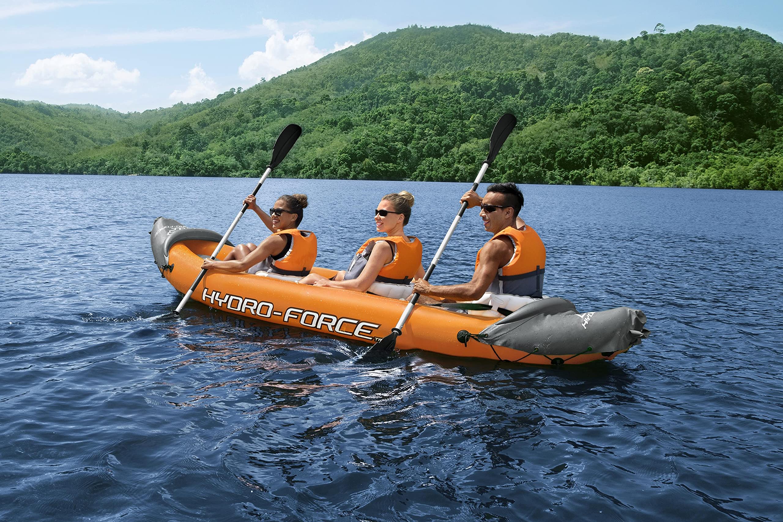 Bestway | Hydro-Force Rapid X3 Kayak| Inflatable Boat Set with Hand Pump, Paddles, Seats, Fins and Storage Bag | Three Seater