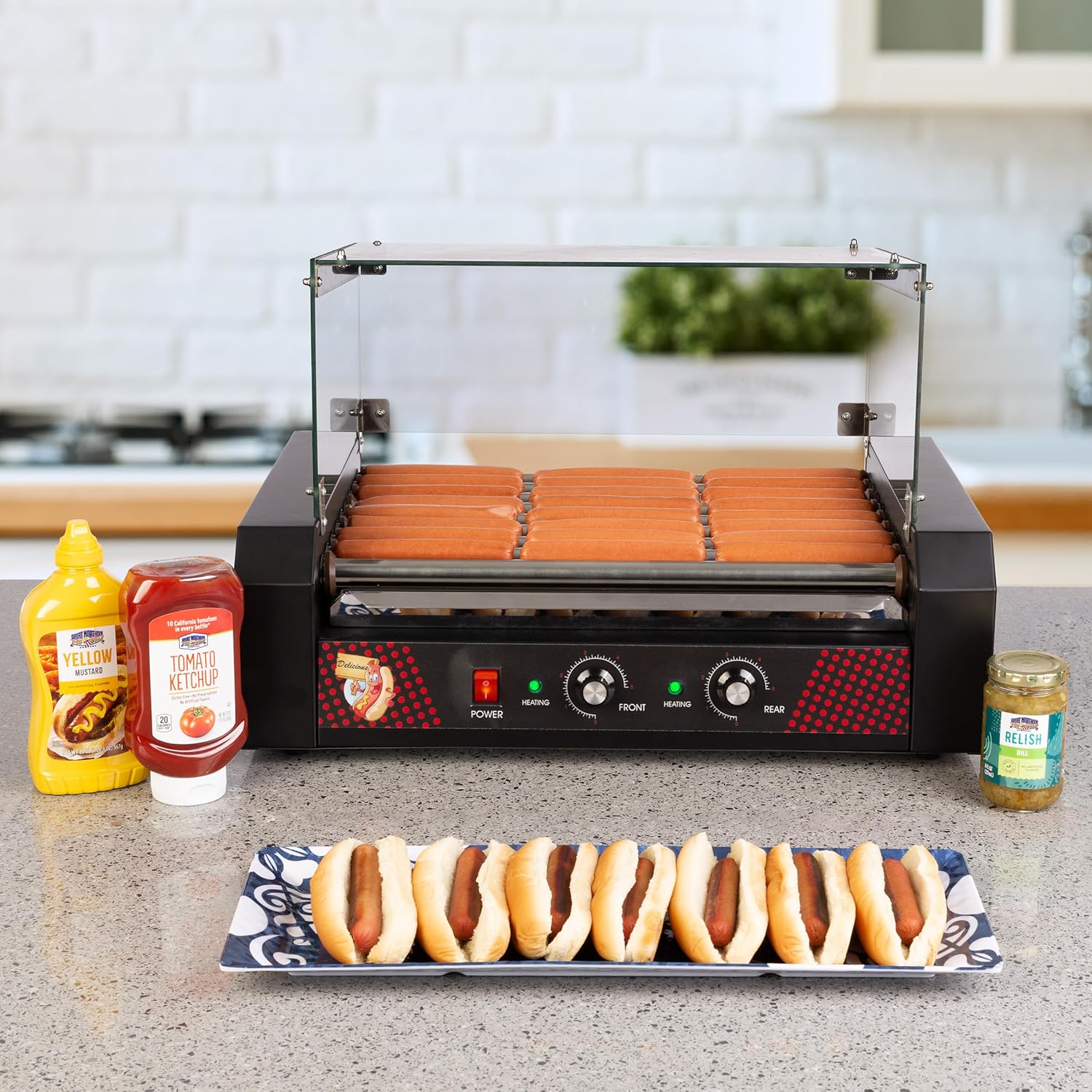 Hot Dog Roller Machine with Cover – 1170W Stainless-Steel Cooker with 9 Rollers – 24 Hotdog Capacity Electric Grill by Great Northern Popcorn