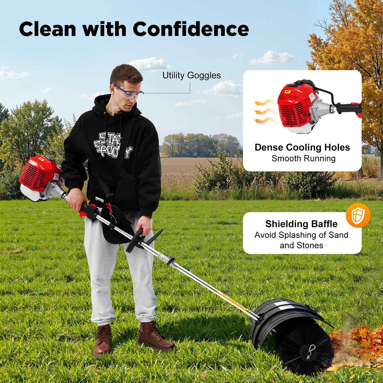 52ccm Kehrmaschine Benzin Schneefräse Motorbesen Kehrbesen Benzin Upgrade Schneefräse Handkehrmaschine mit Schutzbrille und Schultergurt, 1,7 kW, 5500–8500 U/min | EU Stock