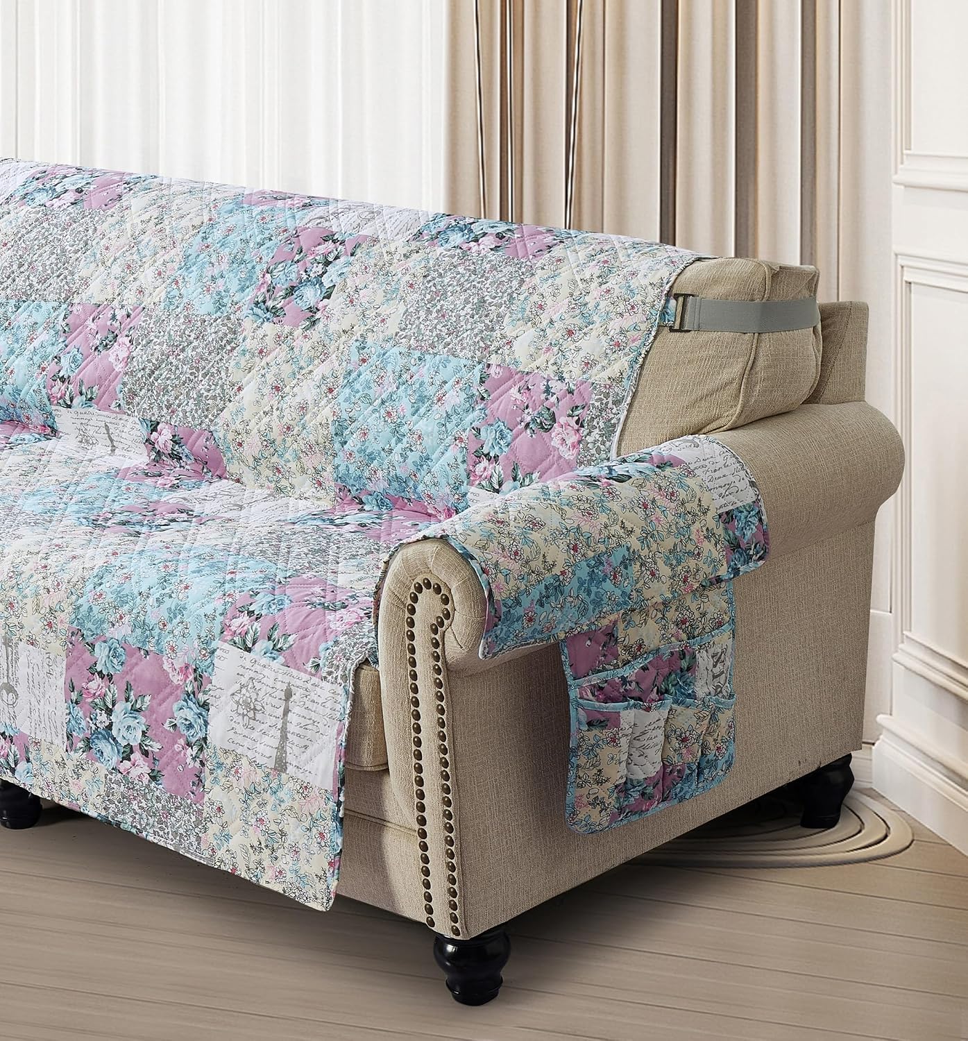 Brilliant Sunshine Lilac Rose Toile Patchwork Couch Loveseat Slip Cover