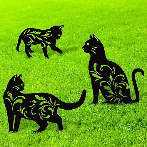 URATOT Paquete de 3 estatuas de jardín de metal para gatos, silueta de gato negro, estacas decorativas para jardín al aire libre, estatuas de