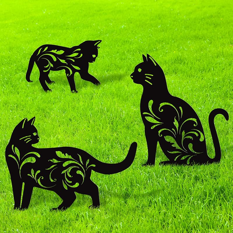 URATOT Paquete de 3 estatuas de jardín de metal para gatos, silueta de gato negro, estacas decorativas para jardín, estatuas al aire libre, estacas de animales para decoración de patio y adornos de césped