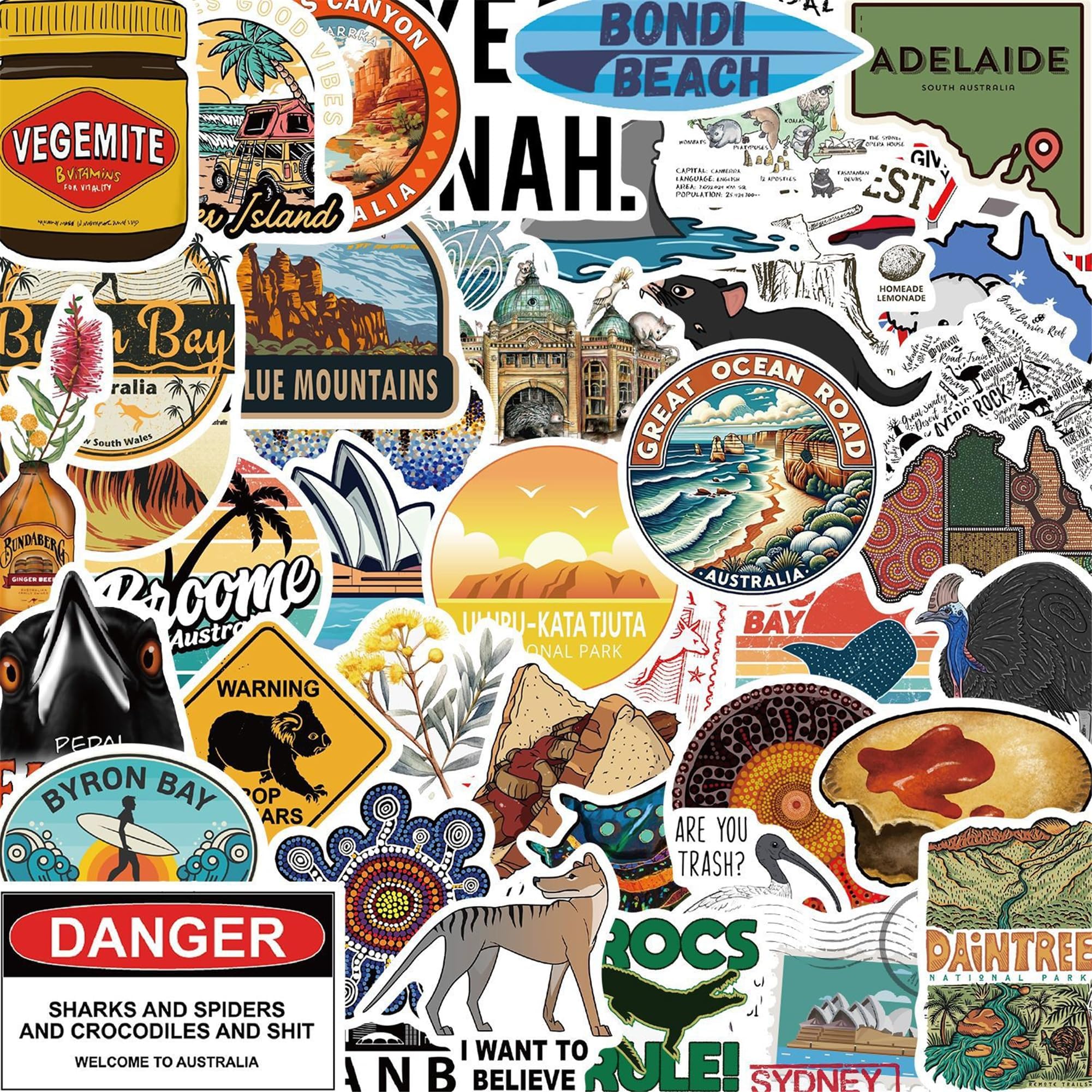 Nation: Australia Stickers - 50PC Australian Scenic Spots & Animal Vinyl Decals for Laptops, Water Bottles, Planners & Gifts