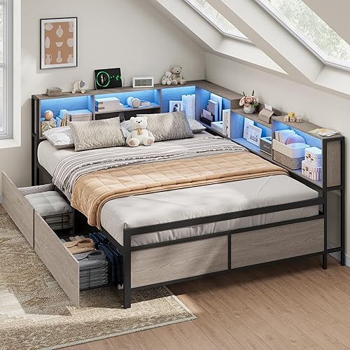 Full Size Corner Bed Frame with LED Lights, 8 Bookcase Headboard & 2 Storage Drawers, Metal Platform Daybed with Charging Station & USB Ports, Corner Daybed for Kids Teens Adults, Gray