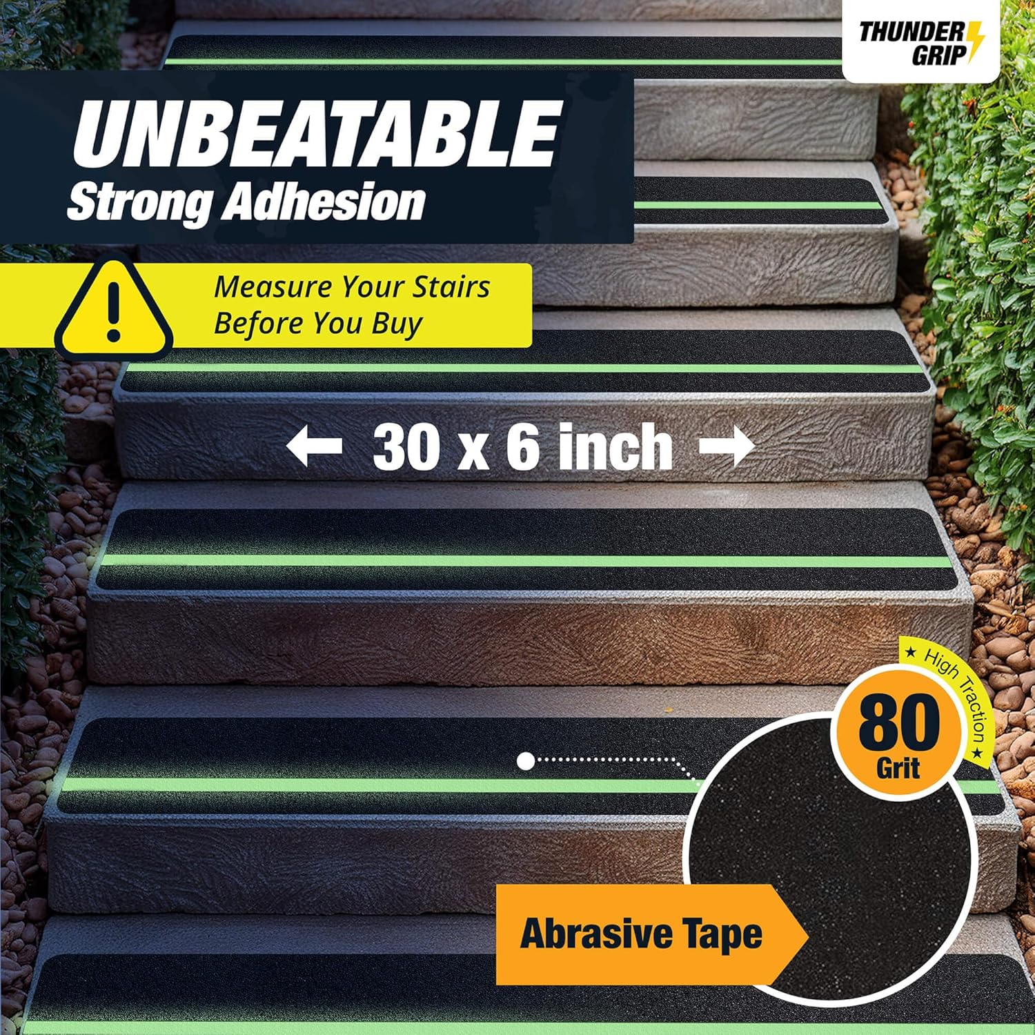 Grip Tape for Stairs 30" x 6" - 15-Pack Glow in the Dark Outdoor Stair Treads Non-Slip Weather Resistant - Anti Slip Tape for Exterior Wooden Steps - Waterproof 80-Grit Adhesive Treads by Thunder Grip