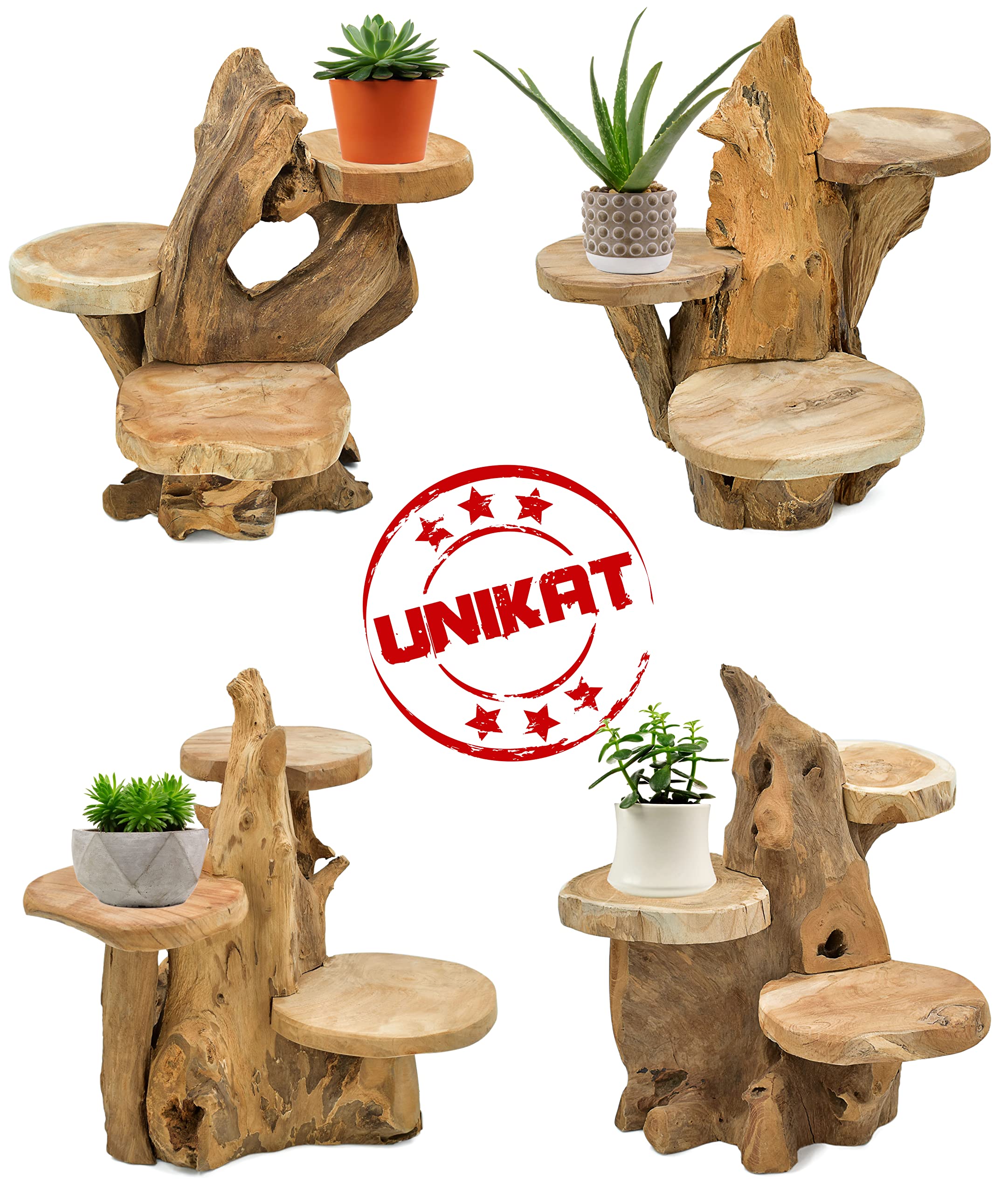 Teak Blumenständer mit 3 Ablagen Blumenpodest Pflanzentreppe Blumenregal Ständer Blumenhocker Massiv Holz Podest Regal