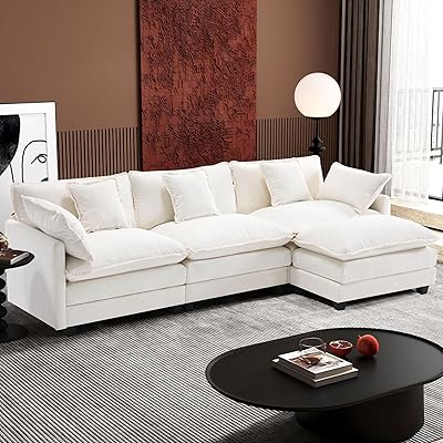 Ihanherry 111.4" L Shaped Modern Sofa Modular Sectional Cloud Couch with Ottoman, 4-Seat Chenille Deep Seat Sofa with Pillow for Living Room, Bedroom and Apartment, Beige