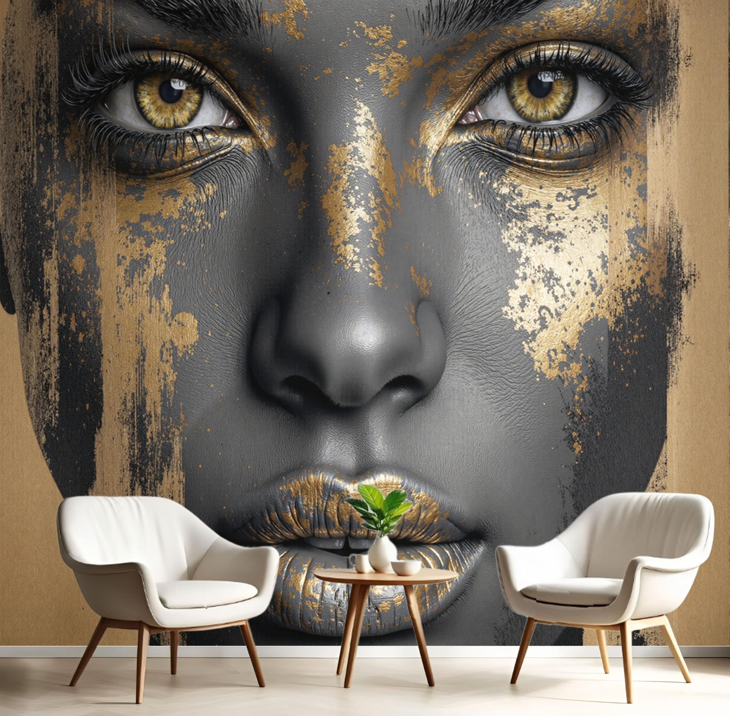 Papier Peint 3D pour Transformer un Mur Blanc Fresque Portrait Femme Or