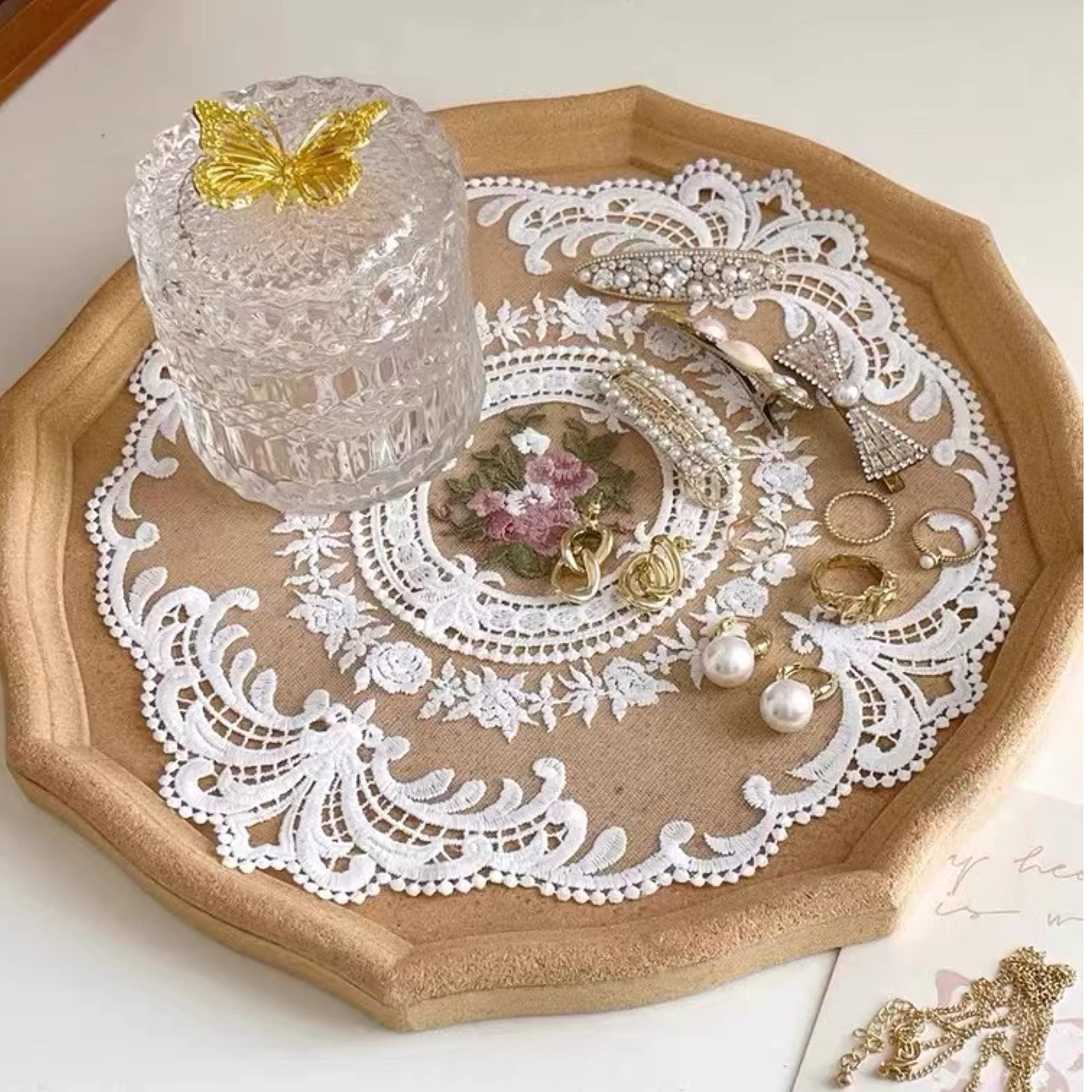 2pcs French lace Placemats, exquisite flower embroidered Round Doilies Coasters Vase mat for home decoration (White,Diameter28cm) - Image 3