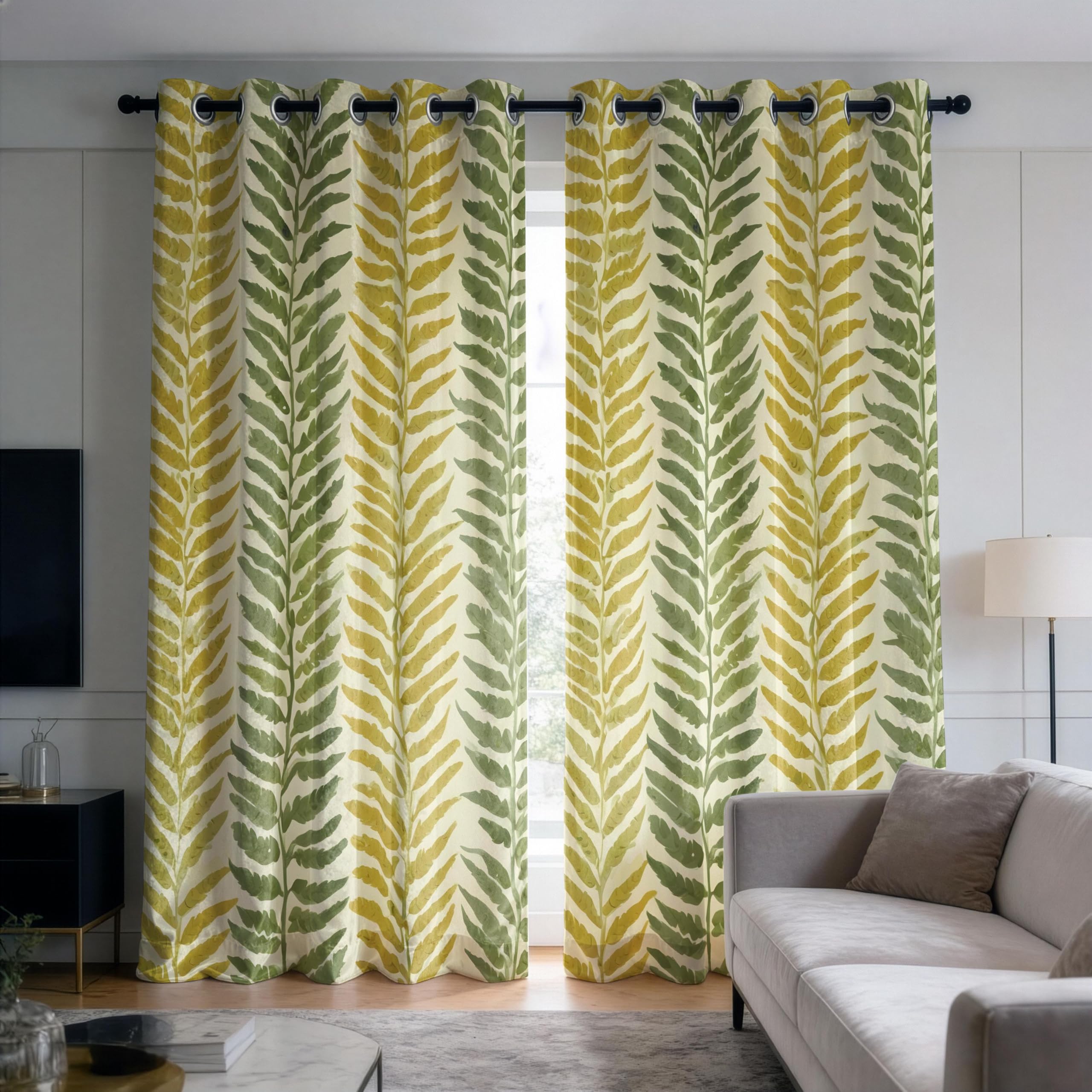 IKDZCM Leaf Pattern Blackout Curtains for Bedroom, Fern Drapes, Green and Yellow Botanical Curtain Living Room Nature Drape(WxH/2x140x180cm)