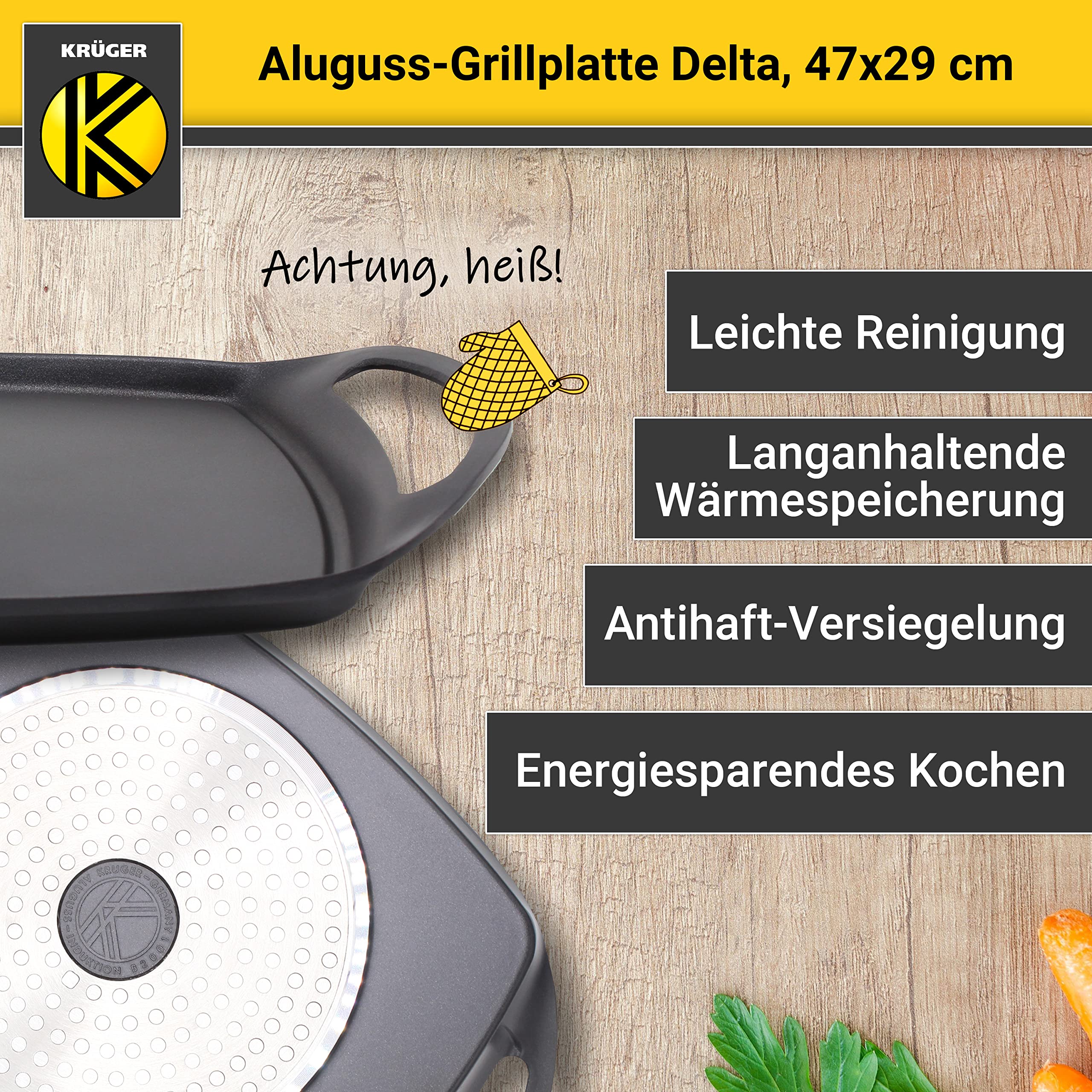 Krüger Aluguss Grillplatte Delta 47 x 29 cm | Mit Rillenboden | Induktion
