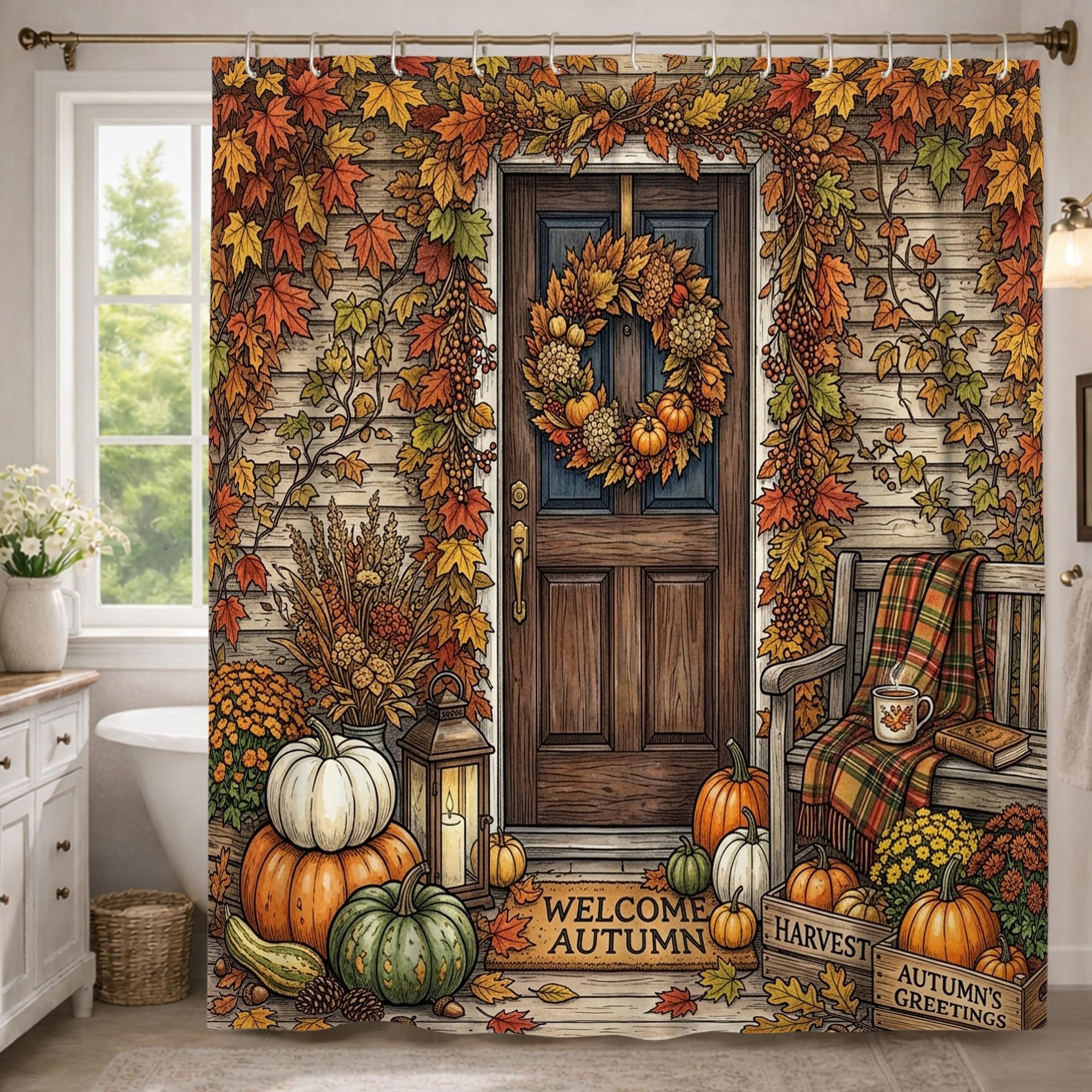 Rideau de douche extra long en tissu imperméable orange automne 183x243 cm