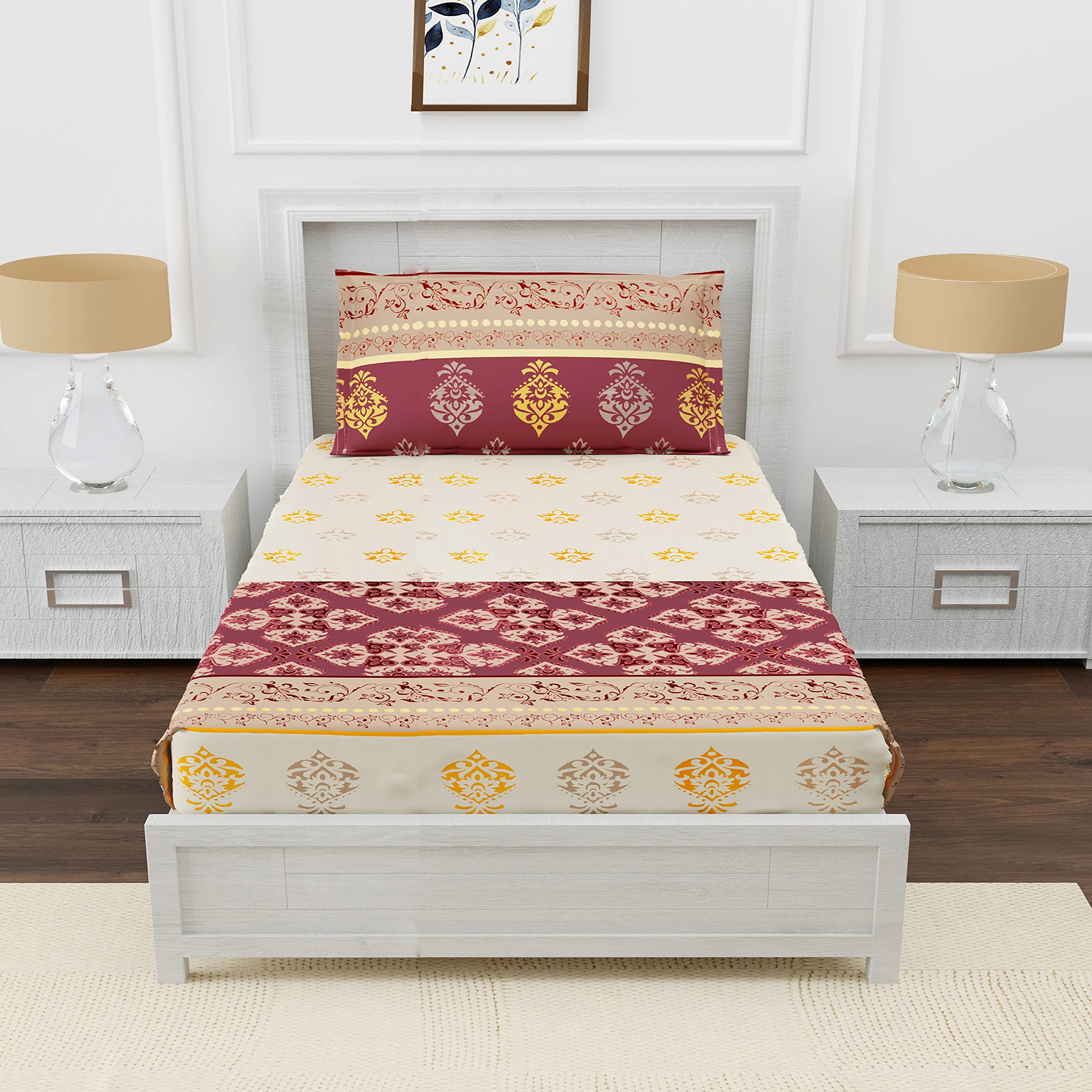 DAKSH 180TC Fitted 100% Cotton Premium Printed Small Size BedSheet, Multicolor (36x72 Inches) with 1 Pillow Covers