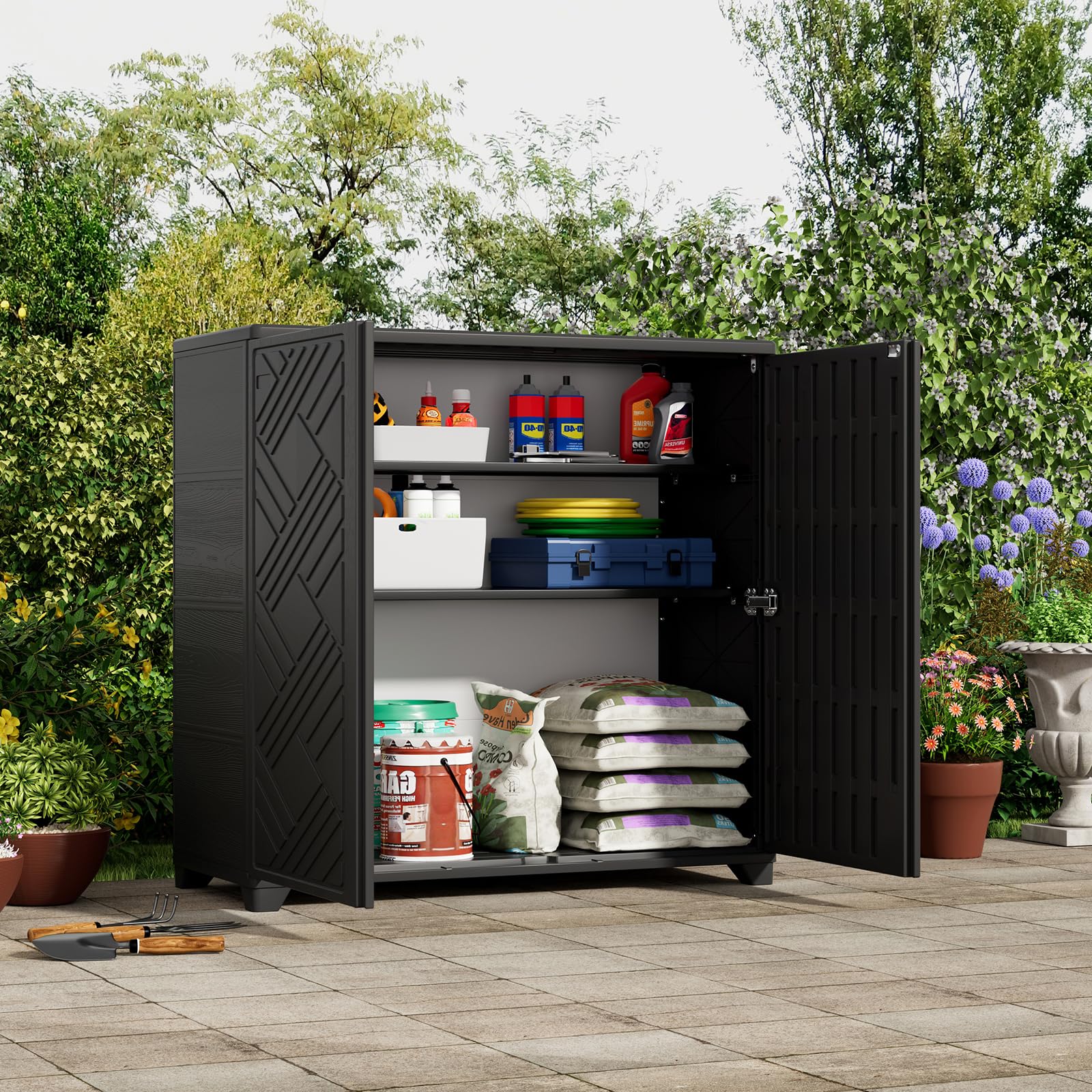 zzm indoor/outdoor storage cabinet waterproof, 34"x15"x34" plastic outdoor storage box for garden balcony bathroom, all weather outdoor storage clearance, diy usage, with no shelf (black)