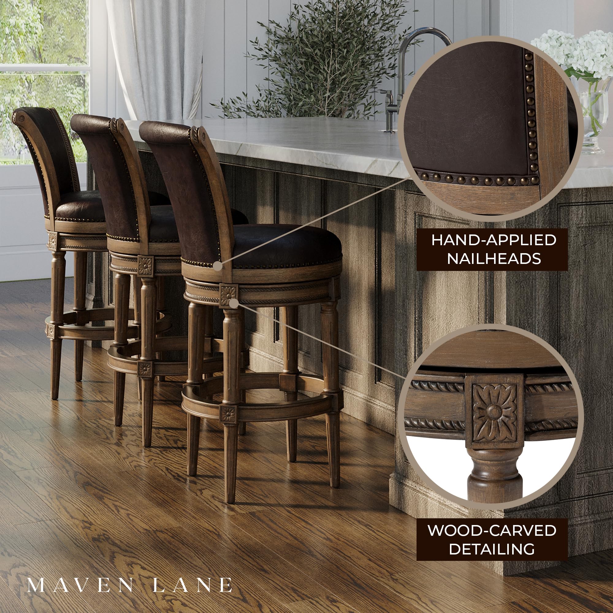 Maven Lane Pullman 31 Inch Tall Bar Height Upholstered Barstool with Back in Walnut Finish with Marksman Saddle Vegan Leather Cushion Seat, Set of 4