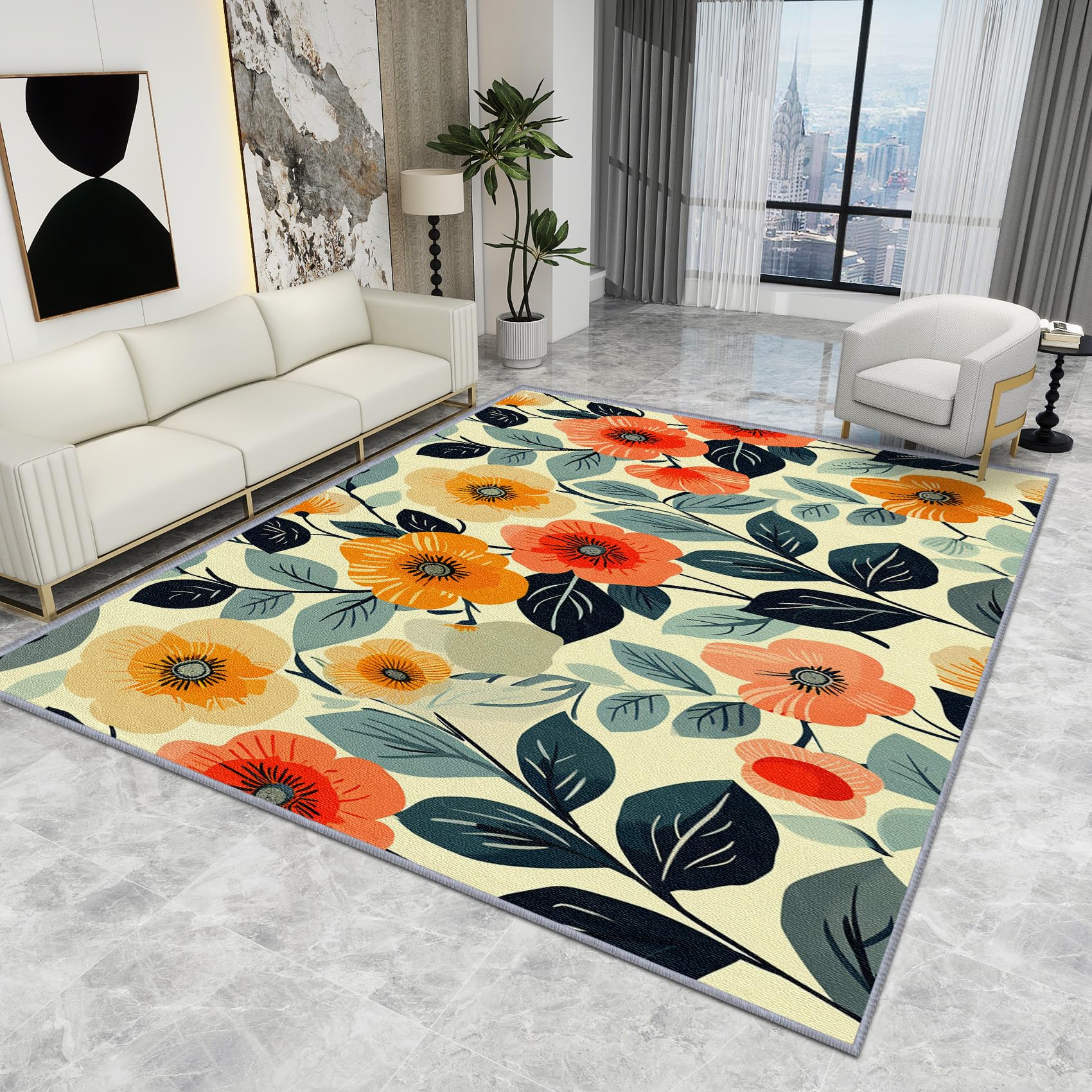 Floral Rugs Living Room Large 160x230 - Floral Rug - Vintage Flower Botanical Rugs, Retro Colourful Wildflower Leaf Carpet, Washable Rug Non Slip Large Area Rugs, Floral Home Decor Gifts, 100 X 150 cm
