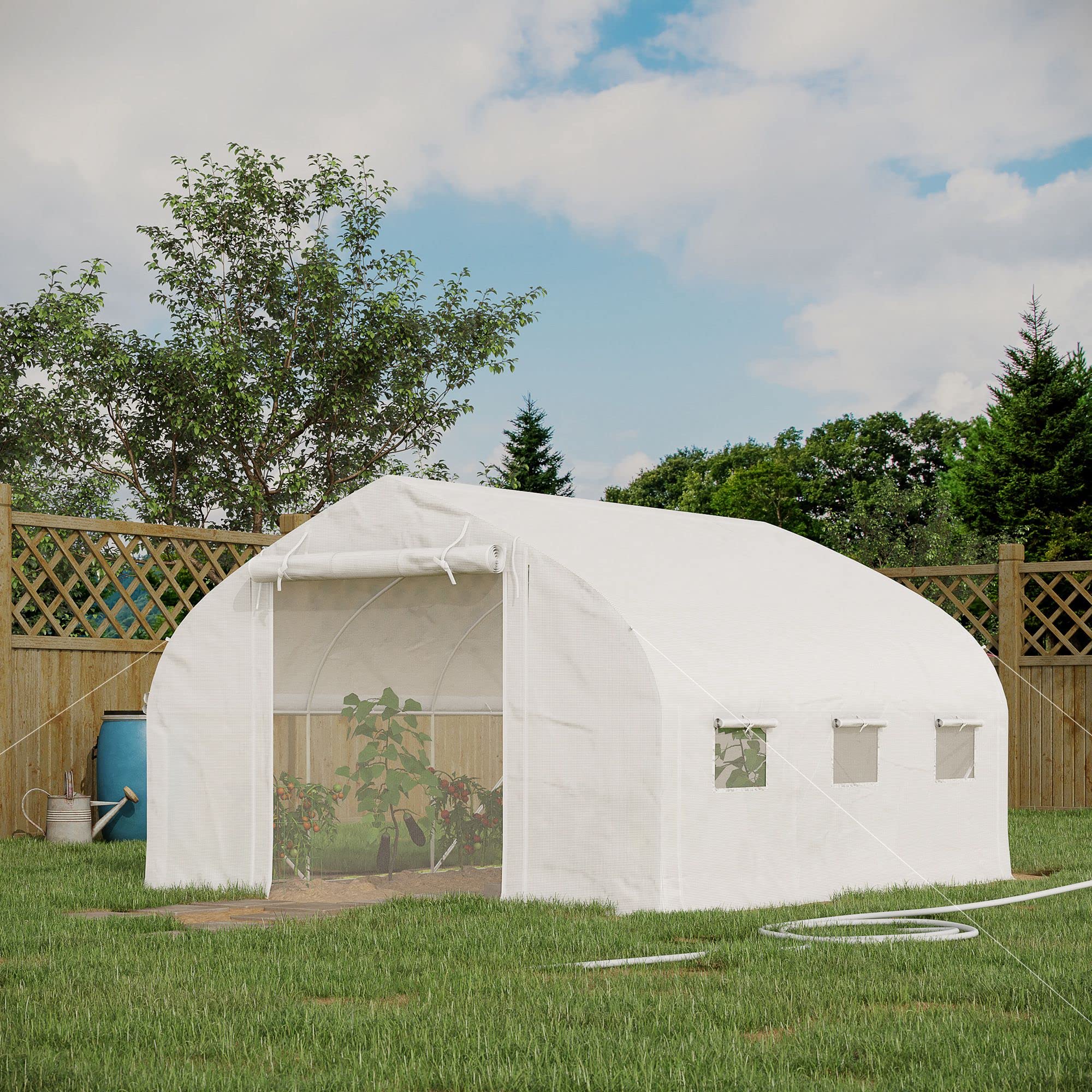 Outsunny 11,5' x 10' x 6,5' Serra Tunnel 7 finestre a Rete Bianco | Serra, porta a rete con cerniera, pareti laterali arrotolabili, serra da giardino migliorata, archi in acciaio zincato