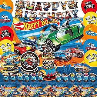 122 Pcs Hot Car Birthday Party Supplies,Included Banner,Backdrop,Tablecloth,Cake Topper,Cupcake Toppers,Balloon,Racing Car Tableware Set for Boy and Girl Wheel Party Decorations