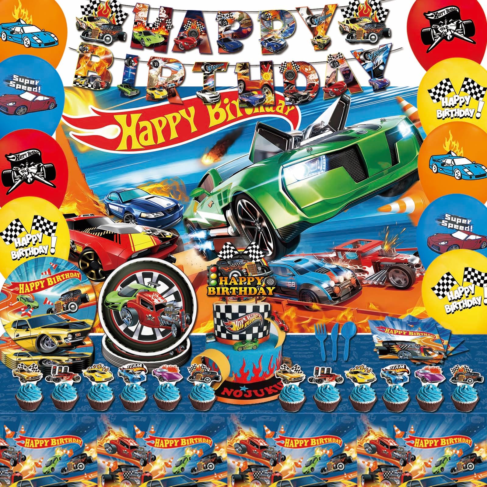 htwhvt 122 Pcs Hot Car Birthday Party Supplies,Included Banner,Backdrop,Tablecloth,Cake Topper,Cupcake Toppers,Balloon,Racing Car Tableware Set for
