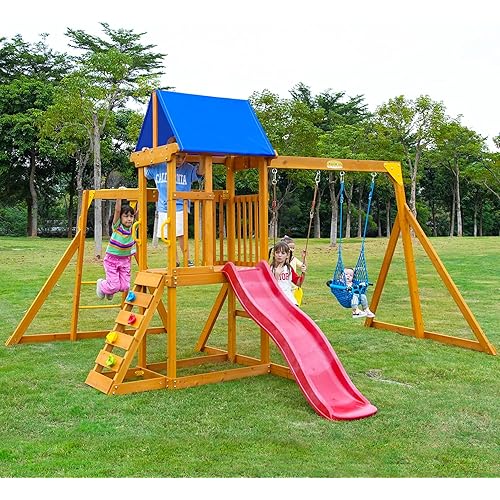 Swing-Sets with Monkey Bars for Backyard, Wooden Playground Set for Kids Ages 3-8, Outdoor Playset with Wave Slide, Play Deck, Rock Wall Ladder, Belt Swings & Canopy for Toddlers to Big Kids