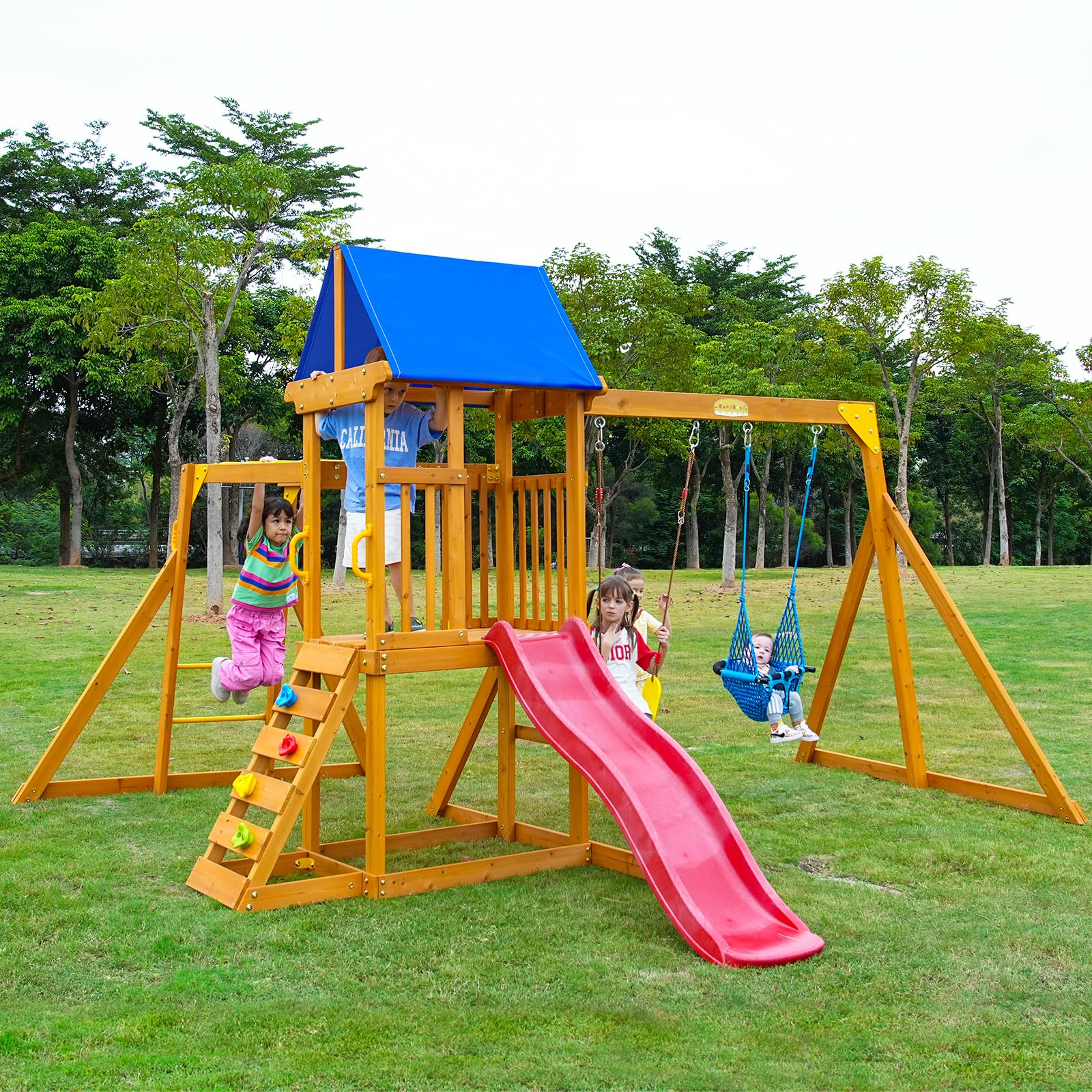 SuniBoxi Wooden Swing Set with Monkey Bars