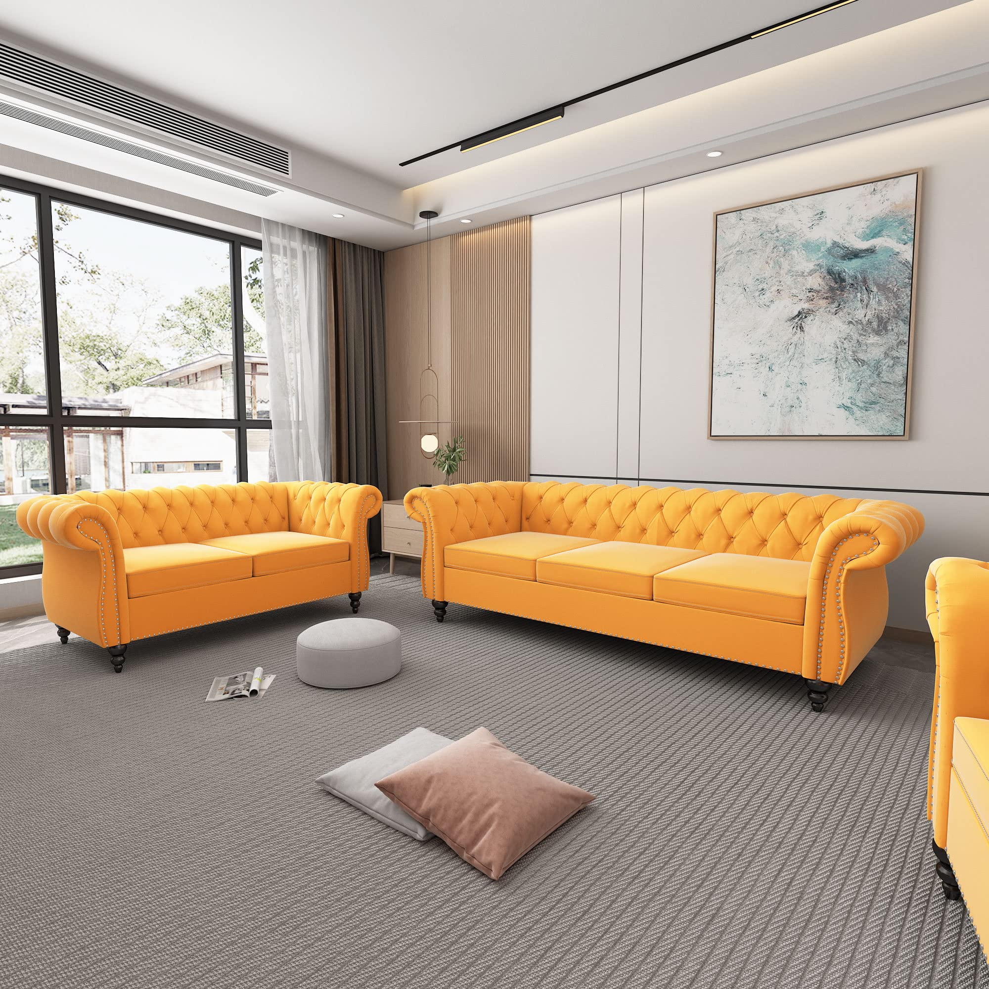 ORRD 2 Piece Living Room Set, Velvet Chesterfield Sofa Loveseat Couch with Scroll Arms and Nailhead for Living Room, Office (Mango)
