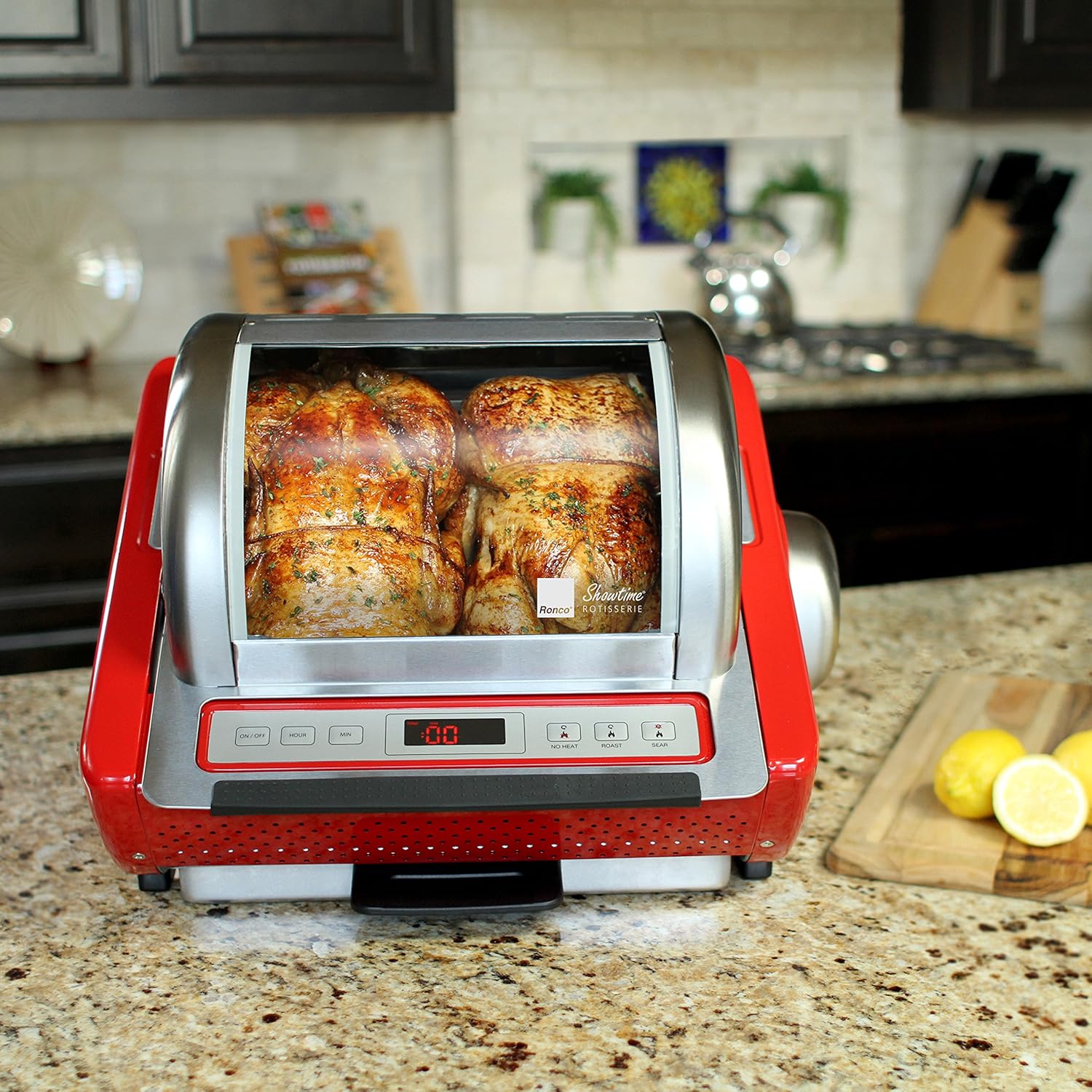 Ronco Digital Showtime Rotisserie accessories including rotisserie basket, gloves, food ties, and carving base.