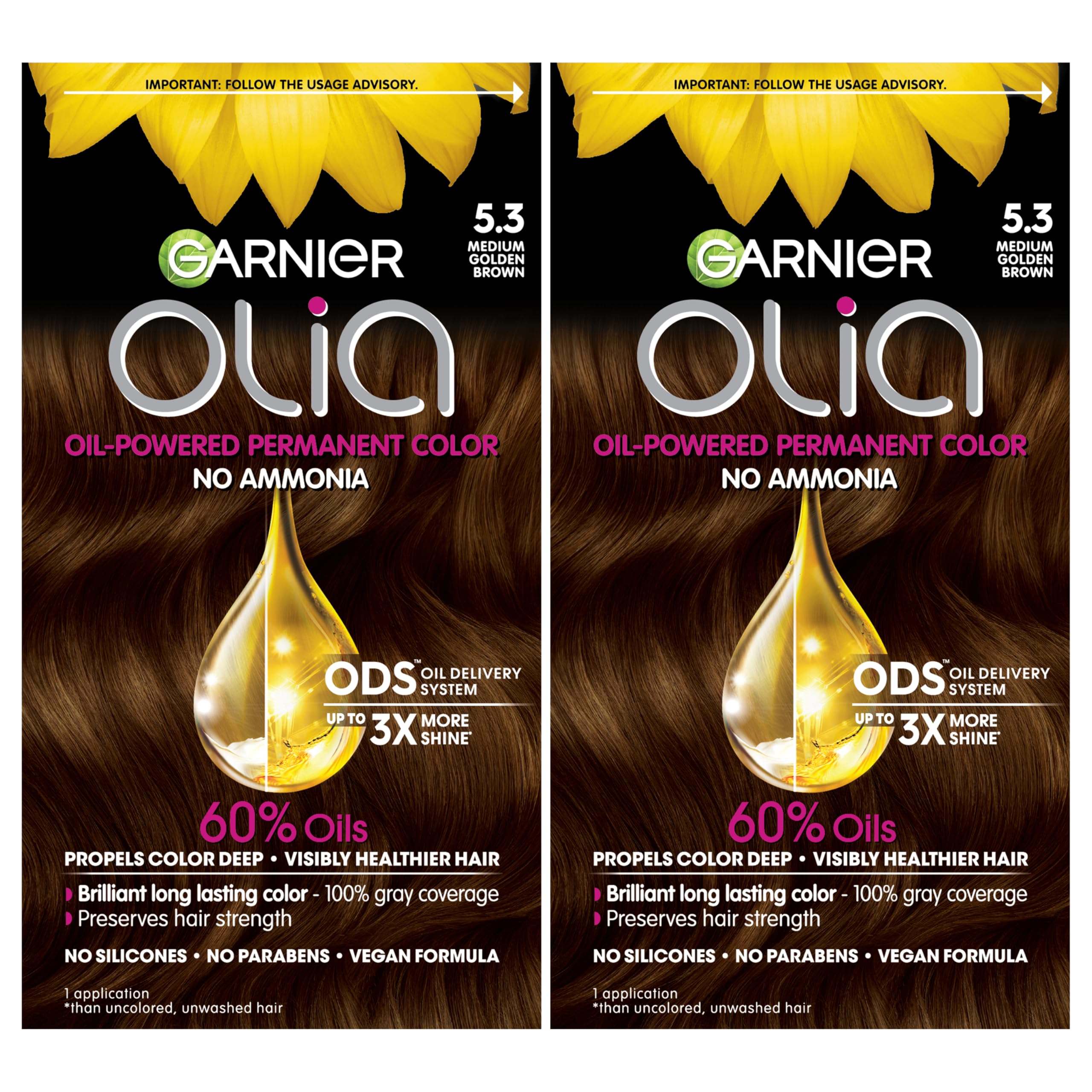 Garnier Hair Color Olia Ammonia-Free Brilliant Color Oil-Rich Permanent Hair Dye, 5.3 Medium Golden Brown, 2 Count (Packaging May Vary)