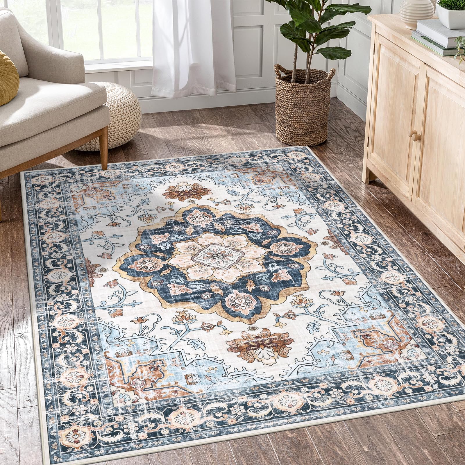 HiiARug Area Rugs 5'x7' Rug for Living Room,Washable Boho Area Rug for Bedroom Low Pile Non Slip Dining Room Rug Soft Vintage Floor Carpet for Home